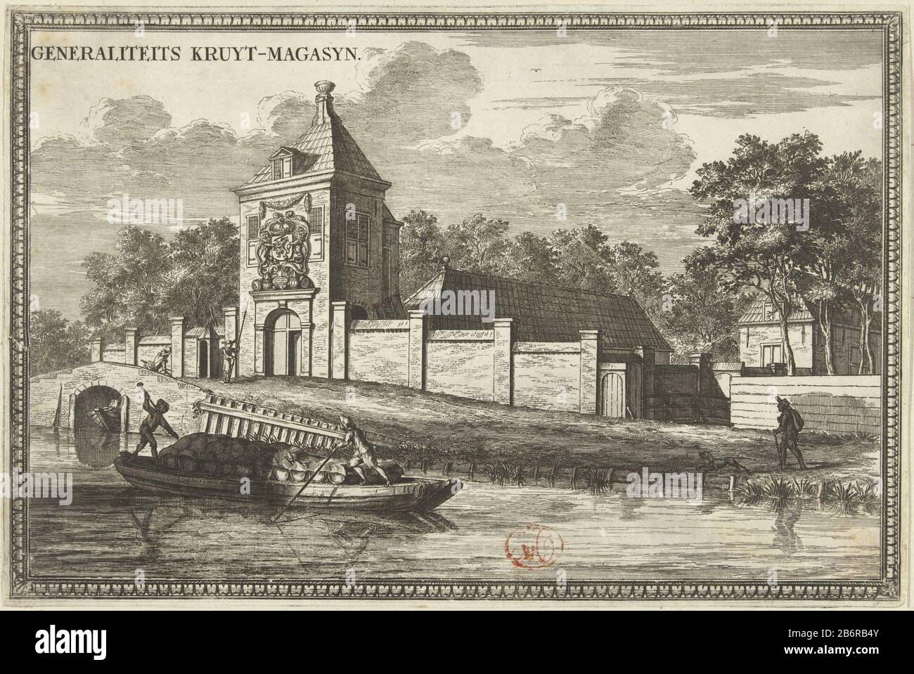 Gezicht op het Generaliteit Kruitmagazijn van de Staten van Holland Generaliteitits Kruyt-magasyn (titel op object) Ansicht der Generalität Munition Dump die Staaten von Holland, im Niedrigen Abtswoudse Polder südlich von Delft gelegen. Auf Raketen-Gewürzcontainer werden über das Wasser transportiert. Hersteller: Druckmaschine: Coenraet Decker (zugeordnet zu) Herausgeber: Peter Smith (möglich) Herausgeber: Arnold Bon (möglich) Herausgeber: Pieter Mortier (I) (möglich) Herstellung: Druckmaschine: Amsterdam Herausgeber: Amsterdam Herausgeber: Delft Herausgeber: Amsterdam Datum: 1678 - 1703 Material: Papiertechnik: Stockfoto