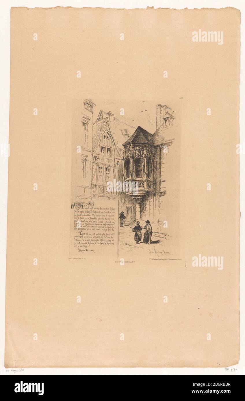 Gezicht op het Hotel de Bourgtheroulde in Rouen Het verdwenen Rouen (serietitel) Rouen disparu (serietitel op object) obere rechte Nummer 471. Hersteller : Druckerhersteller Louis Jules Adeline (denkmalgeschütztes Gebäude) in seinem Entwurf: Louis Jules Adeline (denkmalgeschütztes Gebäude) Verleger: Witwe Alfred Cadart (denkmalgeschütztes Eigentum) Herstellung: Druckmaschine Frankreich nach eigenem Entwurf: France Herausgeber: Paris Datum: 1875 und/oder 1879 Material: Papiertechnik: Ätzmaße: Plattenkante: H 235 mm × W 166 mmToelichtingDe Radierung wurde auch als Illustration in der von Cad herausgegebenen Zeitschrift L'Illustration nouvelle verwendet Stockfoto