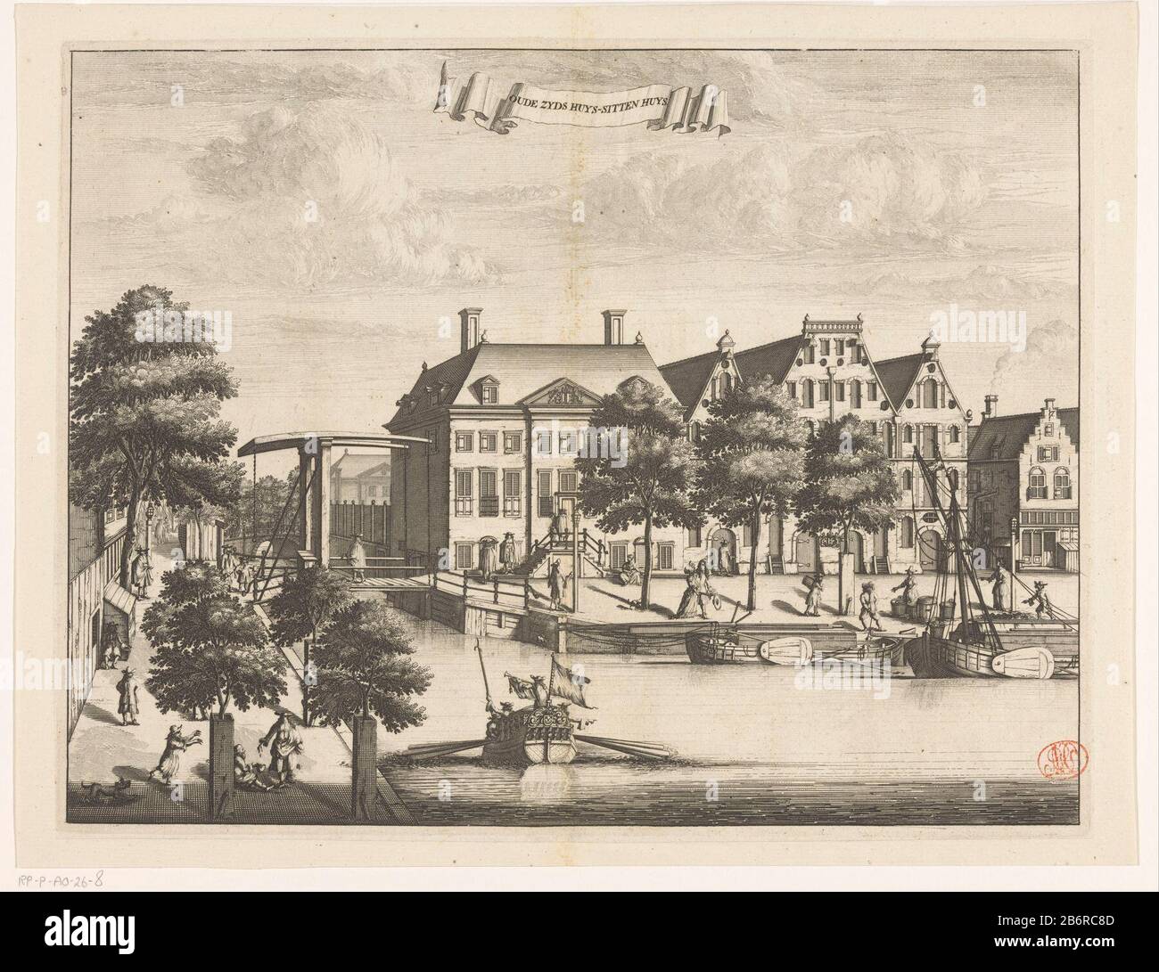 Gezicht op het Oudezijds Huiszittenhuis te Amsterdam Oude zyds Huys-sitten Huys (titel op object) Blick auf den Oudezijds Huiszittenhuis, an der Ecke von Leprozen- und Houtgracht (Teil des heutigen Waterlooppleins), Amsterdam. Rechts befinden sich die entsprechenden Lagerhallen Houtgracht. Auf den Straßenbussen und anderen Figuren. Oben in der Mitte eine Banderole auf den Zehn. Hersteller : Druckmaschine: Anonym Datum: 1693 - 1694 Material: Papiertechnik: Ätzung / Engras (Druckverfahren) Maße: Plattenkante: H 266 mm × W 346 mmToelichtingHuidige Druckzustand auch verwendet in: Commelin, Caspar. Stockfoto