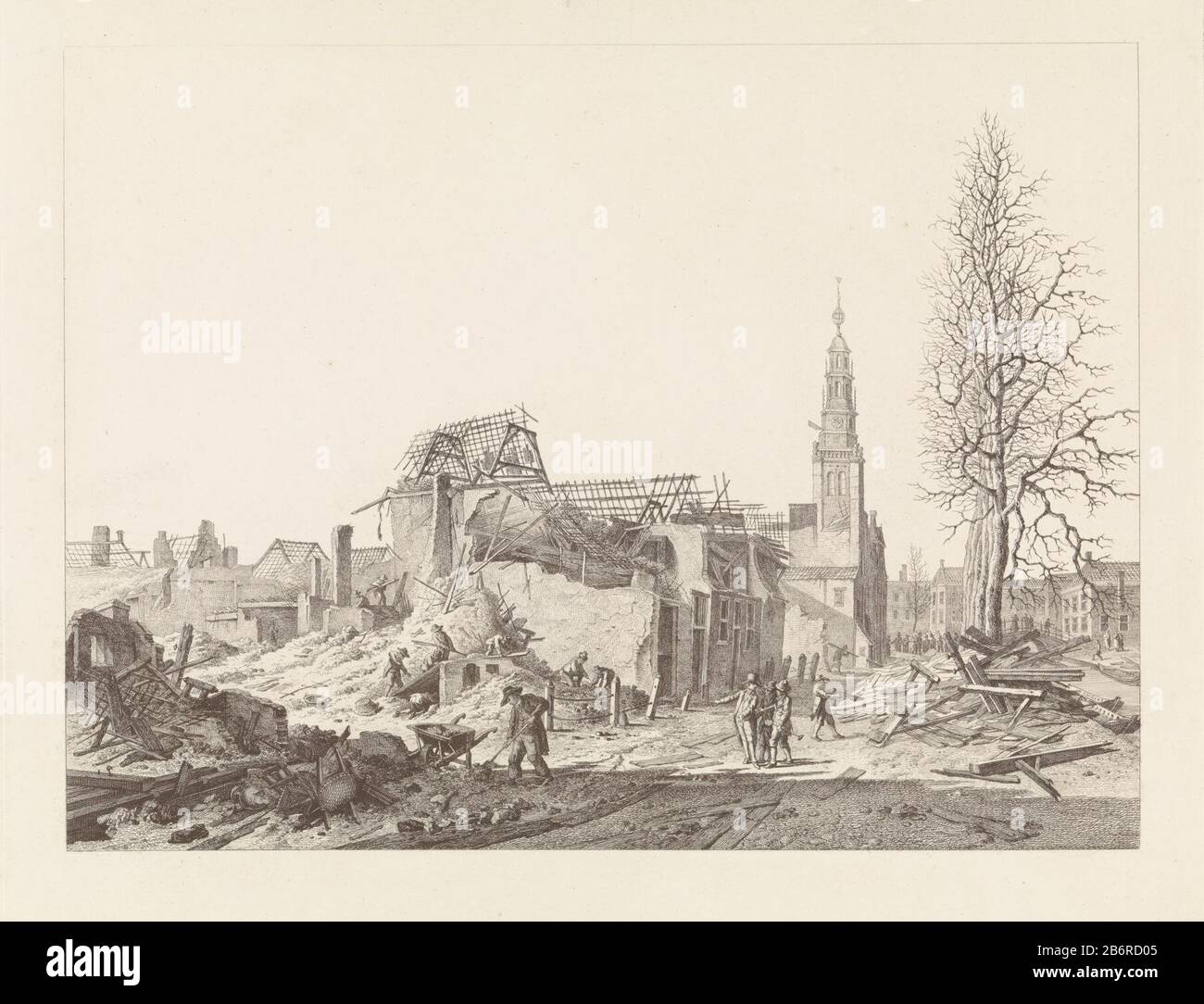 Gezicht op het Rapenburg te Leiden met de toren van de Saaihal na de buskruitrampe van 12 januari 1807 Blick auf das Rapenburger Leidener Schießpulver nach der tödlichen Katastrophe vom 12. Januar 1807. Im Zentrum steht auch der Turm des Saaihal. Rettungskräfte entfernen die Trümmer explodierter Gebäude. Regale befinden sich neben den Bäumen entlang des Kanalverzamelds. Hersteller : Druckmaschine Leendert Overbeek Nach eigenem Entwurf: Leendert Overbeek Herstellungsort: Haarlem dating: 1801-1809 Physikalische Merkmale: Radierung in Braun; Proofing Material: Papiertechnik: Radierung / Farbdruck Größe: Blatt: H 370 mm × W 475 mmToe Stockfoto