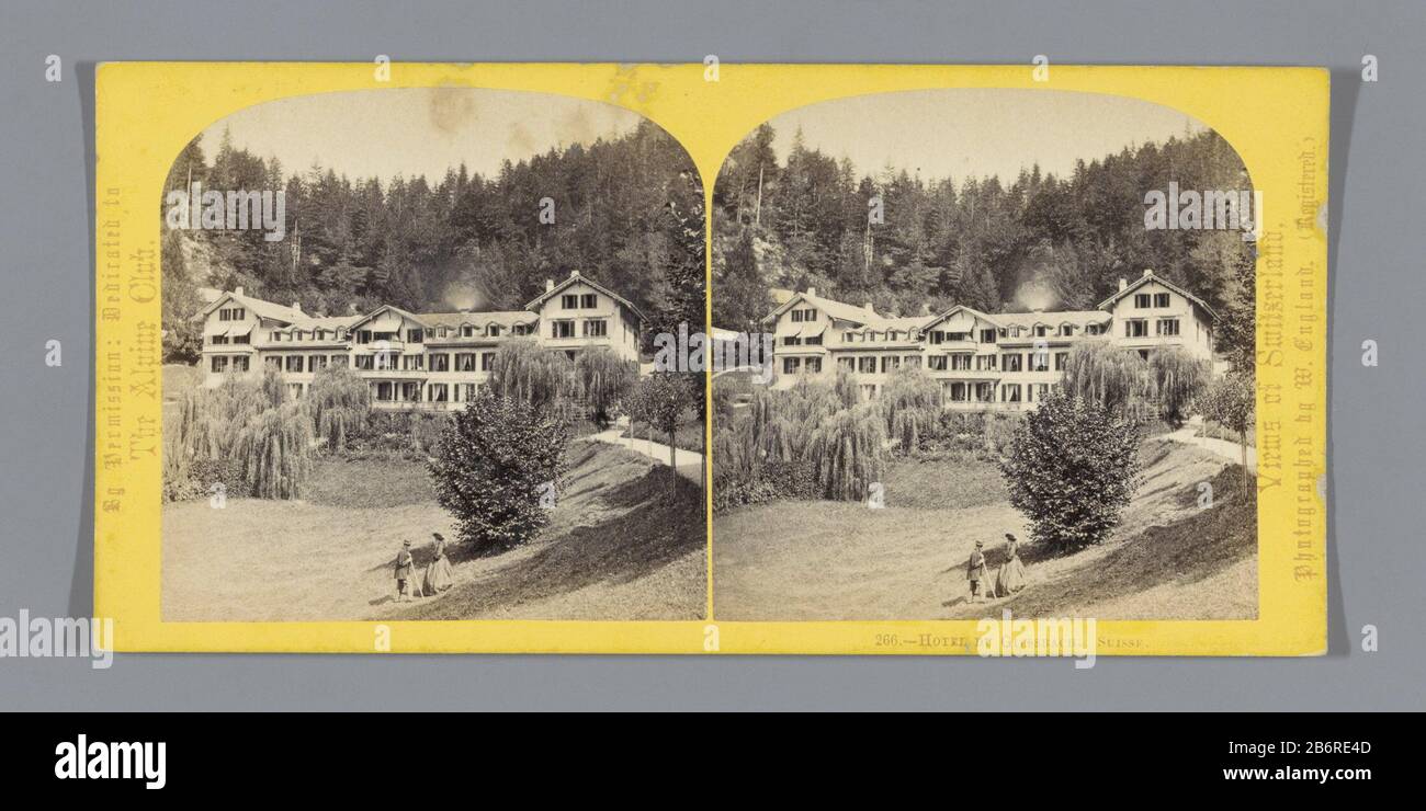 Gezicht op het Casino van het Grandhotel Gießbach Hotel du Gießbach Suisse (titel op object) Blick auf das Casino des Grand Hotel du GießbachHotel Gießbach. Suisse. (Titelobjekt) Eigenschaftstyp: Stereobild Artikelnummer: RP-F F08166 Aufschriften / Marken: Nummer, Nachschrift, gedruckt: '266.'opschrift, recto, gedruckt:' Ansichten der Schweiz, fotografiert von W. England. (Registriert) Unter der besonderen Schirmherrschaft des Alpenvereins.' Hersteller: Fotograf: William England (börsennotiertes Eigentum) Ort Herstellung: Bern Datum: CA. 1850 - ca. Physische Merkmale: Albumindruckstoffe: Pappe Stockfoto