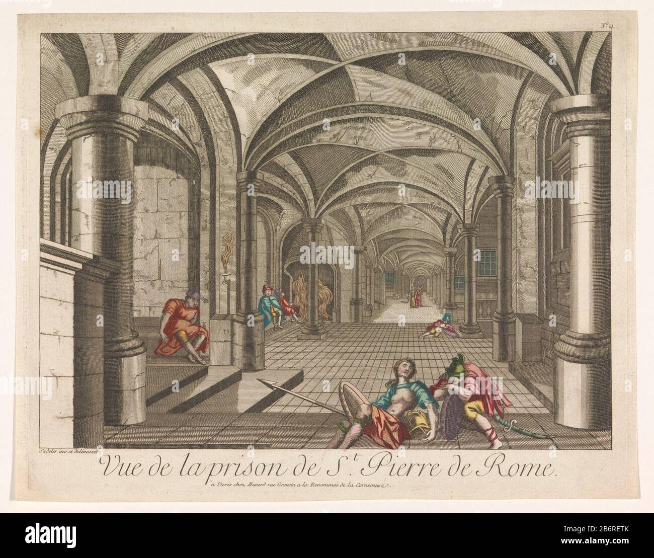 Gezicht op het interieur van de Mamertijnse gevangenis te Rome Vue de la Prison de St Pierre de Rome (titel op object) Ein Engel führt St. Peter an den Schlafwächtern vorbei und befreite ihn aus dem Gefängnis. Nummeriert 14. Hersteller : Herausgeber: Mesard (denkmalgeschütztes Gebäude) Druckmaschine: Anonymer Entwurf von Johann Sadeler (I) (denkmalgeschütztes Gebäude) Ort Herstellung: Verlag: Paris Druckautor: Frankreich Datum: 1700 - 1799 Physikalische Merkmale: Farbiges Ätzmaterial: Papier-Aquarell-Technik: Ätzung / Bürstenabmessungen: Plattenkante: H 283 mm × W 362 mm Betreff: Gefängnis, Gefängnis im Inneren  Darstellung eines Gebäudes Stockfoto