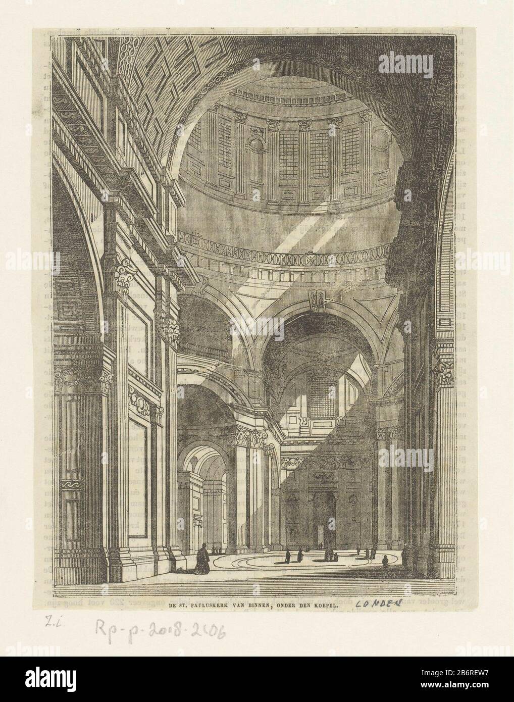 Gezicht op het interieur van St Pauls Cathedral, te Londen De St Pauluskerk van binnen, onder den koepel (titel op object) With Dutch Text verso. Hersteller: Druckmaschine: Anonymer Verleger: Brüder Diederich Herstellung: Amsterdam Datum: 18372 Physische Merkmale: Holzwagen; mit Text zum Verso-Druckmaterial: Papiertechnik: Holzengra / Druckformate: Blatt: H 216 mm × W 165 mmToelichtingMiete verwendet: Niederländische Zeitschrift zur Verbreitung allgemeiner und nützlicher Qualifikationen. Amsterdam: Brüder Diederichs, 1837. Betrifft: Das Innere der Kirche, in der die Pauluskathedrale steht Stockfoto