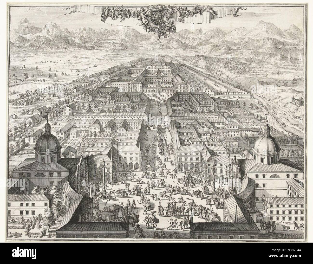 Gezicht op het koninklijk jachtpaleis in Turijn Blick auf den königlichen Jagdpalast in Turin. Im Vordergrund ein quadratisches volles Treiben mit beidseitigen Kirchen. Von dort verläuft eine breite Straße mit einer Reihe Richtung der Kutschen Royal Jactpaleis und Gärten. Im Hintergrund eine Berglandschaft. Über der Aufführung eines heraldischen, von leeren Banderollen flankiert, Wappen. Hersteller: Druckmaschine: Romeyn de Hooghe (möglich) in der Gestaltung: Romeyn de Hooghe (möglich) Herstellung: Niederlande Datum: 1681 - 1682 Physikalische Merkmale: Ätzmaterial: Papiertechnik: Ätzmaße: Stockfoto