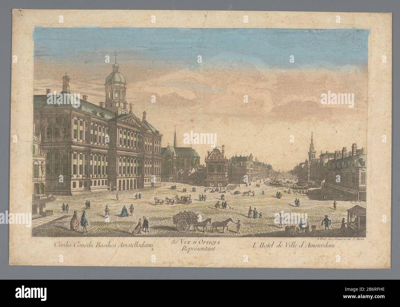 Blick auf das Rathaus am Staudamm in Amsterdam Civilis Consilu Basilica Amstellodami / So.e Vue D'Optique Vertreter L'Hotel de Ville d'Amsterdam (Titelobjekt) Objektart: Optik Bild Artikelnummer: RP-P- 2015-5-6-4 Aufschriften / Marken: Sammlermarke, Verso, gestempelt: Lugt 2228 Hersteller: Verlag: Daprintumont (Listed) Anonymer Ort Herstellung: Paris Datum: CA. 60-60 Ca. 1800 Physikalische Merkmale: Handfarbenes Engra-Material: Papiertechnik: Enra (Druckverfahren) / Handfarbenabmessungen: H 283 mm × W 428 mm Motiv: Stadtansicht im Allgemeinen; 'Veduta'Rathaus Stockfoto