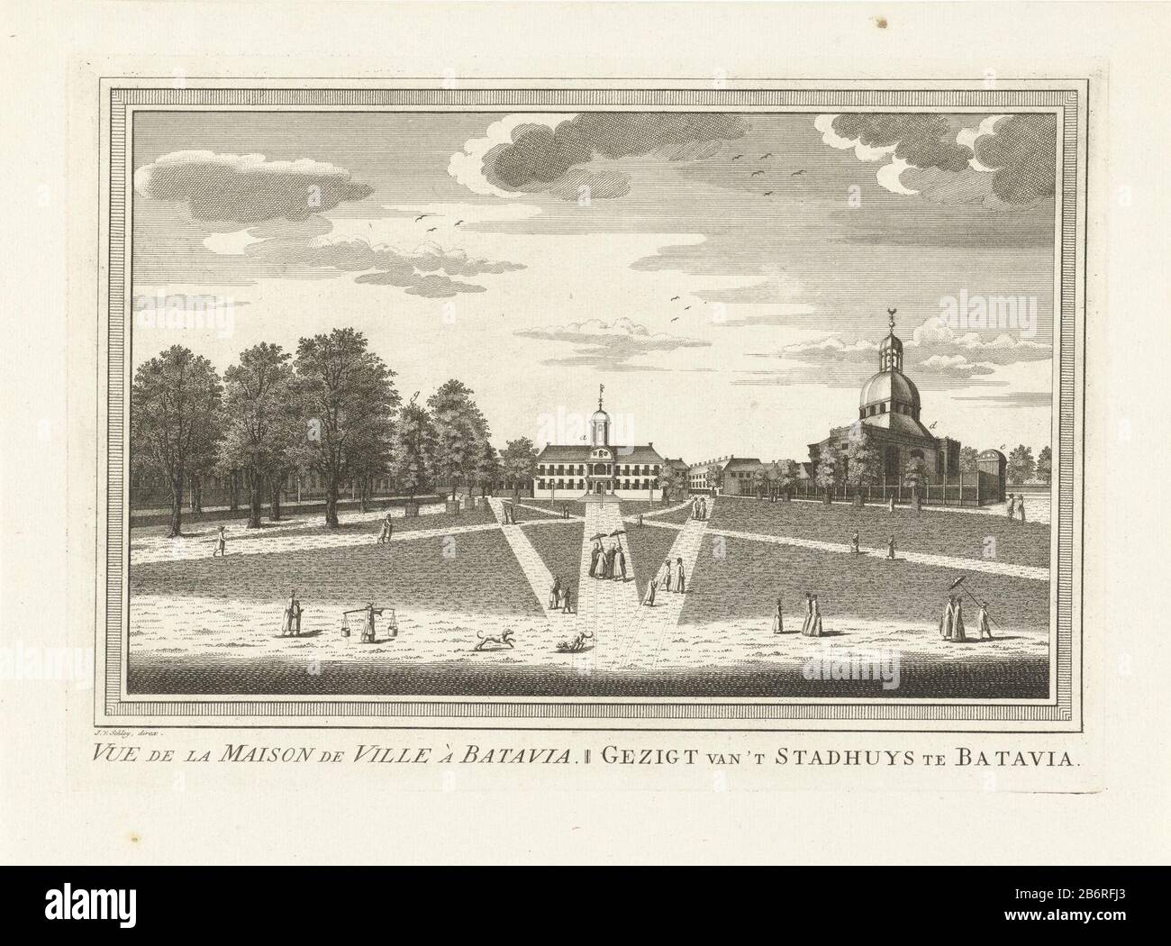 Blick auf das Rathaus in Batavia, mit einer Kirche in der Mitte des Saals und rechts. Auf dem Platz stehen Menschen und Honden. Hersteller : Überwachung: Jacob van der Schley (denkmalgeschütztes Gebäude) Herausgeber: Pieter de Hondt Ort Herstellung: Überwachung: Amsterdam Herausgeber: Den Haag Datum: 1747 - 1779 Physikalische Merkmale: Ätzungs- und Engra-Material: Papiertechnik: Ätzung/Engra-Messungen (Druckverfahren): Plattenkante: H 207 mm × W 293 mmToelichtingatie in: Bouches, JPJ du: Histoire Generale des Voyages, Ou Nouvelle Collection De Toutes Les Voyages De Relations Par Terre et Mer, P Stockfoto