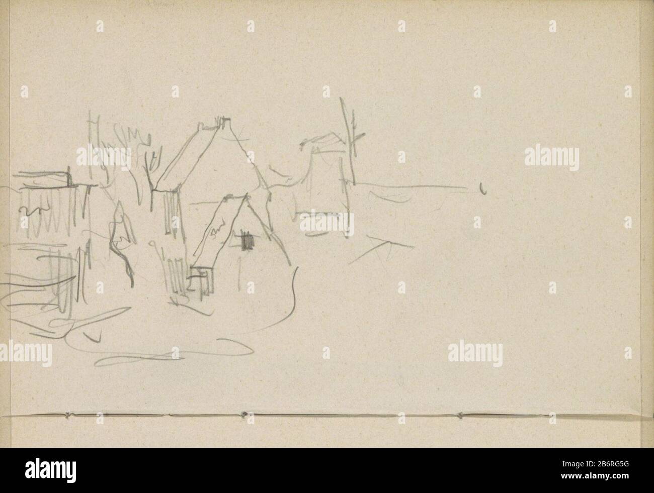 Gezicht op huizen en een molen Ansicht von Häusern und einem Mühlentyp: Skizzenblatt Artikelnummer: RP-T-1924-76-27 Aufschriften / Marken: Farbnotiz handschriftliche Beschreibung: Seite 27 aus einem Skizzenblatt mit 46 Klingen aus Amsterdam, Haarlem und Antwerpen. Hersteller : Künstler George Hendrik Breitner Ort Herstellung: York Datum: 1880-1908 Physische Merkmale: Bleistift-Material: Bleistift-Papier Thema: Ländliches Wohnen, z. B. Landhaus, Villa, Windmühle in der Landschaft Stockfoto