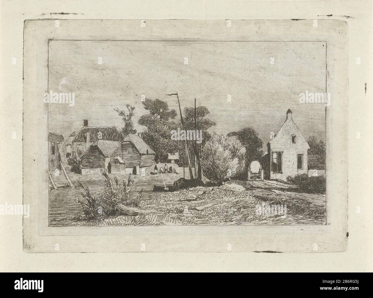 Gezicht op huizen en een Boot View of some houses in the middle of the top Mast of a boot. Hersteller: Druckmaschine: Lambertus Hardenberg (1744) Herstellung: Den Haag Datum: CA. 1.77-1900 Physikalische Merkmale: Radierung auf Chinesenkollé Material: Papierkochenkollé Technik: Ätzmaße: Plattenkante: H 100 mm × W 140 mm Betreff: Randgebiet oder Dorf (+ Stadt (-scape) mit Figuren, Staffage) Teile der Schiffsaußenwand: Mast Stockfoto