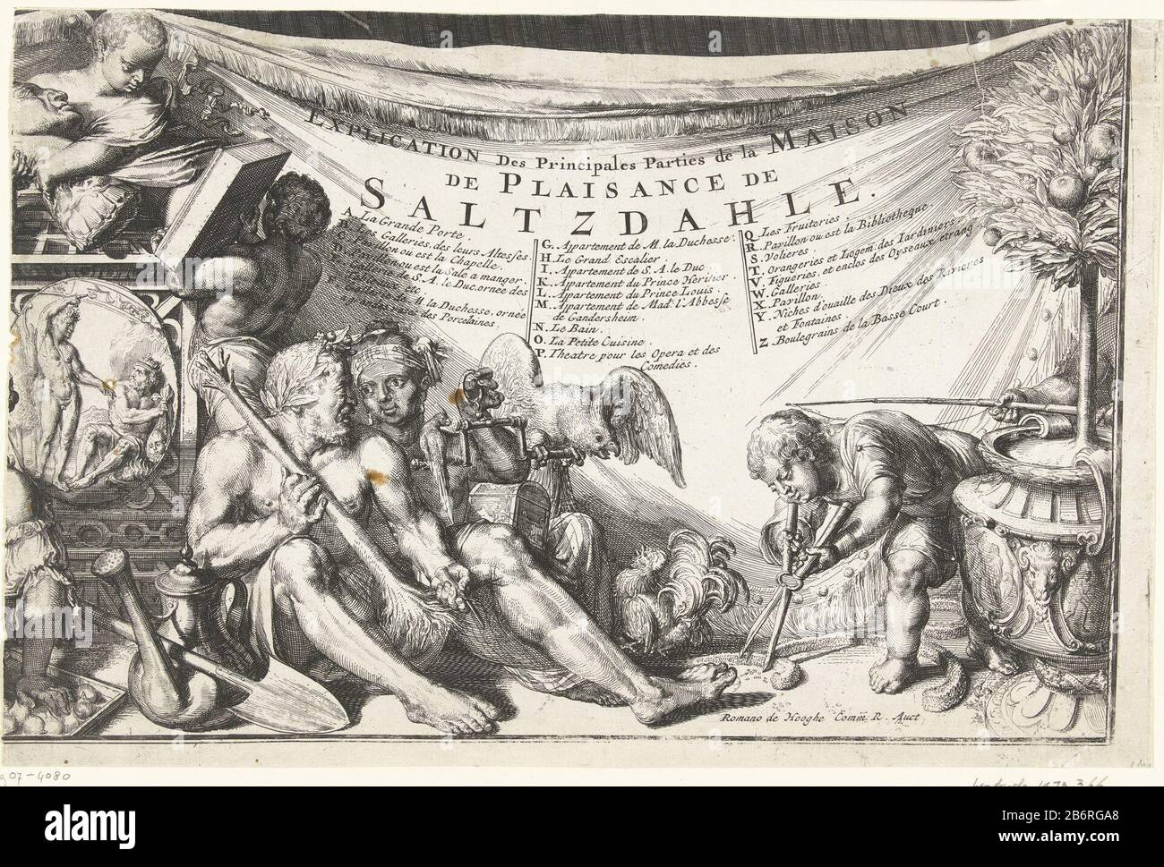 Gezicht op kasteel Salzdahlum (rechterdeel van onderste blad) Exploration des Principales Parties de la Maison de Plaisance de Saltzdahle (titel op object) Einige exotische Figuren befinden sich im Rücken mit Heckenscheren, Papagei, Sittich, Büchern, Skulptur und Kofferraum. Vor dem Hintergrund eine Leinwand mit französischer Legende. Dieses Blatt ist Teil (untere rechte Ecke) eines Bildes eines Gesichts auf Schloss Salzdahlum, bestehend aus drei bladen. Hersteller: Druckmaschine: Romeyn de Hooghe Zu eigenem Entwurf: Romeyn de Hooghe (Listed Property) Herstellung: Niederlande Datum: 1655 - 1708 Physische Merkmale: Radiergehilfen Stockfoto
