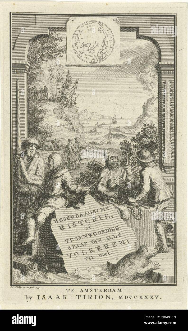 Gezicht op landschap traf poolderen titelpagina voor Thomas Salmon, Hedendaagsche historie, of Tegenwoordige staat van alle volkeren, 1735 Blick auf eine Landschaft und die Nordsee. Im Meer und auf den Eisrobben, Walen und Eisbären. Im Vordergrund die lokale Bevölkerung und ein Siegel auf dem Eis. Auf einer Eisscholle den Titel auf Niederländisch. Die Szene wird von einer architektonischen Nische Umrahmt, Wo: Eine Karte des Flächenhangels. Hersteller : Druckerhersteller Jan Caspar Philips (denkmalgeschütztes Gebäude) im Entwurf: Jan Caspar Philips (denkmalgeschütztes Gebäude) Herausgeber: Isaak Tirion (denkmalgeschütztes Objekt) Herstellung: Amsterdam Datum: Stockfoto