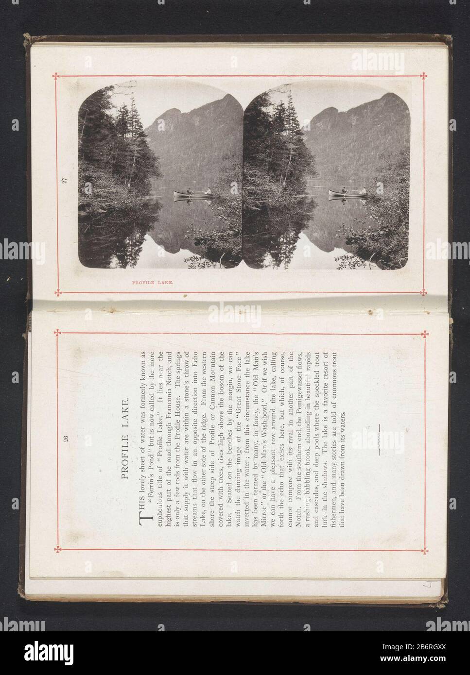 Gezicht op twee mensen in een roeiboot op Profile Lake Profile Lake (titel op object) Ansicht von zwei Personen in einem Ruderboot auf Profile Lake Profile Lake (title object) Eigenschaft Typ: Stereo Foto fotomechanisch Seite drucken Artikelnummer: RP-F 2001-7-984-6 Hersteller: Fotograf: Bierstadt Brothers (listed object) Klischeehersteller: Anonyme Standortfertigung: Franconia Notch State Park Datum: CA. Material: Papiertechnik: Lichtdruck Abmessungen: Bild: H 90 mm × W 157 mm ToelichtingPrent auf Seite 27. Betrifft: Lakemountainsruder-Boot, Kanu usw. Stockfoto