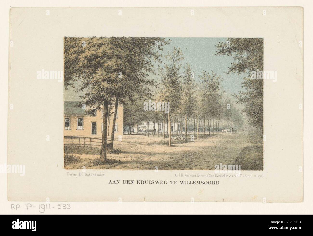 Gezicht te Willemsoord Aan den Kruisweg te Willemsoord (titel op object) Blick auf eine Straße nach Willemsoord Links und Schule. Hersteller: Druckereihersteller: Adrianus Hidde Hermit Für Horst (denkmalgeschütztes Gebäude) für Bilder von Carel Eduard Westerborg (möglich) Drucker: Tresling & Comp. (Denkmalgeschütztes Eigentum) Herstellung: Von Foto: Arnhem Herausgeber: Amsterdam Datum: 1871 Physische Merkmale: Tonlithograph in Schwarz mit Tonblöcken in Braun und Blau Material: Papiertechnik: Tonlithographie-Abmessungen: Blatt: H 119 mm × W 179 mmToelichtingMiete von: Ser Jahrbuch der Gesellschaft der Nächstenliebe für 1872. Amsterda Stockfoto