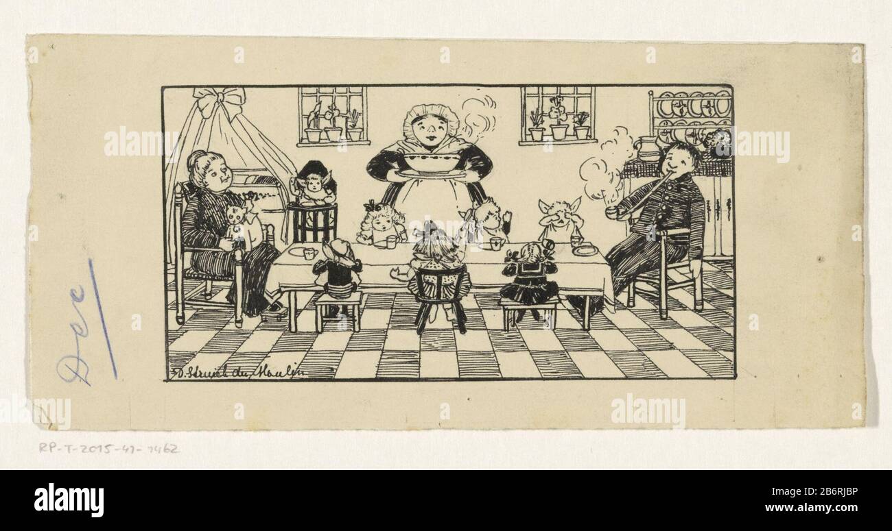 Gezin aan een maaltijd Auf einem langen Tisch sitzt eine Familie bereit für die Mahlzeit. Eine Frau, die eine Schürze für ihr Kleid trägt, steht mit einem Dampfaufsatz auf dem Tisch. Die Kinder sitzen auf Stühlen oder in einem Stuhl, ein Mann raucht eine Pfeife und eine Frau, die mit einer Katze auf dem Schoot sitzt. Hersteller: Künstlerin: Dora Struick du Moulin (persönlich unterzeichnet) Datum: 1896 - 1937 Physikalische Merkmale: Stift in indischer Tinte über Bleistift-Material: Papier Indischer Bleistift Technik: Stiftabmessungen: H 94 mm × W 198 mm Subjekt (Familie) Mahlzeitenrohr  Tabak Stockfoto