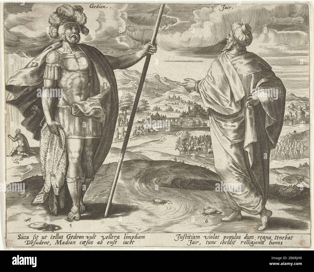 Gideon en Jair De twaalf Rechters van Israel (serietitel) im Vordergrund, der fünfte und sechste Richter Israels, Gideon und Yair. Im Hintergrund zwei Geschichten aus ihrer Zeit. Links im Hintergrund betet Gideon auf Ramskin God für ein Zeichen. Rechter Hintergrund dreißig Söhne Jair, die auf Eseln reiten. Der Druck hat eine lateinische Sonderschrift. Hersteller : Druckerhersteller Hans Collaert (I) zum Entwurf: Jan Snellinck (I) Herausgeber: Gerard de JodePlaats Herstellung: Antwerpen Datum: 1585 Physikalische Merkmale: Fahrzeugmaterial: Papiertechnik: Engra (Druckverfahren) Abmessungen: Plattenkante: H 209 mm × W 260 mm Betreff: T Stockfoto