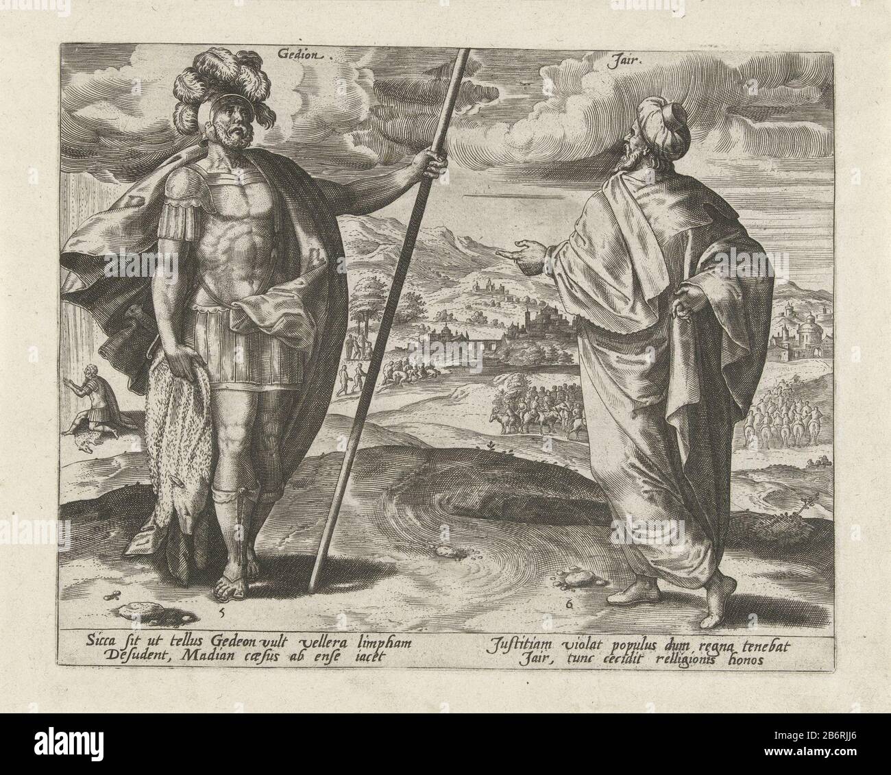 Gideon en Jair De twaalf Rechters van Israel (serietitel) im Vordergrund, der fünfte und sechste Richter Israels, Gideon und Yair. Im Hintergrund zwei Geschichten aus ihrer Zeit. Links im Hintergrund betet Gideon auf Ramskin God für ein Zeichen. Rechter Hintergrund dreißig Söhne Jair, die auf Eseln reiten. Der Druck hat eine lateinische Sonderschrift. Hersteller : Druckerhersteller Hans Collaert (I) zum Entwurf: Jan Snellinck (I) Herausgeber: Gerard de JodePlaats Herstellung: Antwerpen Datum: 1585 Physikalische Merkmale: Fahrzeugmaterial: Papiertechnik: Engra (Druckverfahren) Abmessungen: Plattenkante: H 209 mm × W 260 mm Betreff: T Stockfoto