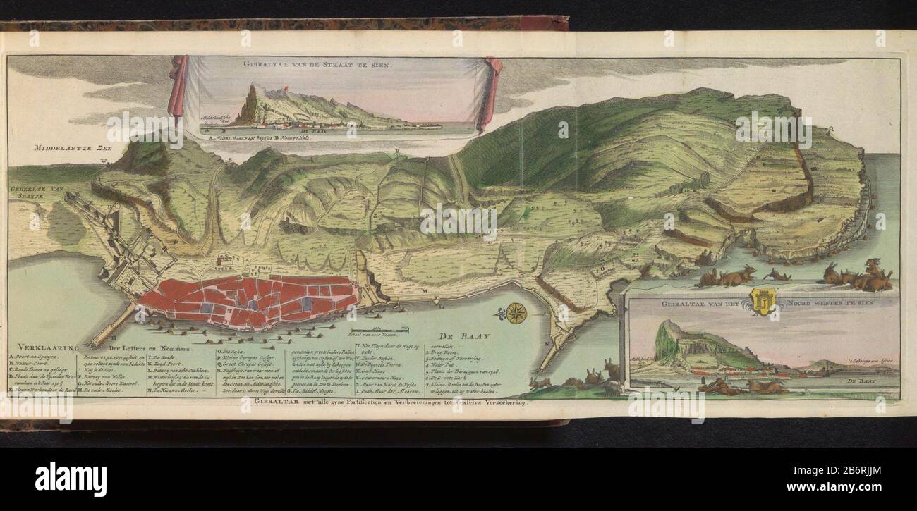 Gibraltar Gibraltar traf alle zyne Fortificatien en Verbeeteringen tot deszelfs Verzeekering (titel op object) Blick auf Gibraltar mit einer Stadt ​​map, mit zwei Wetten mit Gesichtern auf dem Felsen. Unten rechts li und Haufen toter Kaninchen. Wo: Offenbar im Zusammenhang mit der Einnahme von Gibraltar durch die kombinierte englische und niederländische Flotte im Jahr 1704 und der Erleichterung 1705 nach Belegerungen durch die Franzosen. Teil eines Atlases von 223 Karten von Ländern und Städten und Szenen des Krieges in Europa in der Zeit ca. 1690-1735. Hersteller: Druckmaschine: Anonymer Herausgeber: Übernehmen J. Ratelband & CoPlaats Herstellung: PR Stockfoto
