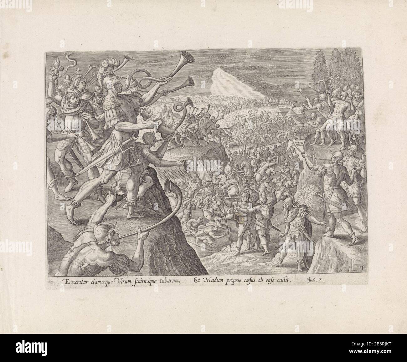 Gideon overalt de Midjanieten Geschiedenis van Gideon (serietitel) Thesaurus sacrarum historiarum veteris testamentis () (serietitel) Gideon und seine Männer überfielen die Midianiten. Um das Lager blasen Gideons Männer Trompeten. In ihren Händen halten sie Krüge mit Fackeln im Inneren. Midian glaubt, dass sie angegriffen werden, zieht das schwere d und beginnt, gegen ihre eigenen Männer zu kämpfen. Unter der Aufführung ein Hinweis auf die Bibel in Ri in lateinischer Sprache. 7. Hersteller: Zur Zeichnung von: Maerten The Vosprentmaker: Anonymer Herausgeber: Gerard de JodePlaats Herstellung: Antwerpen Datum: 1585 Physische Eigenschaften: Engra-Material Stockfoto