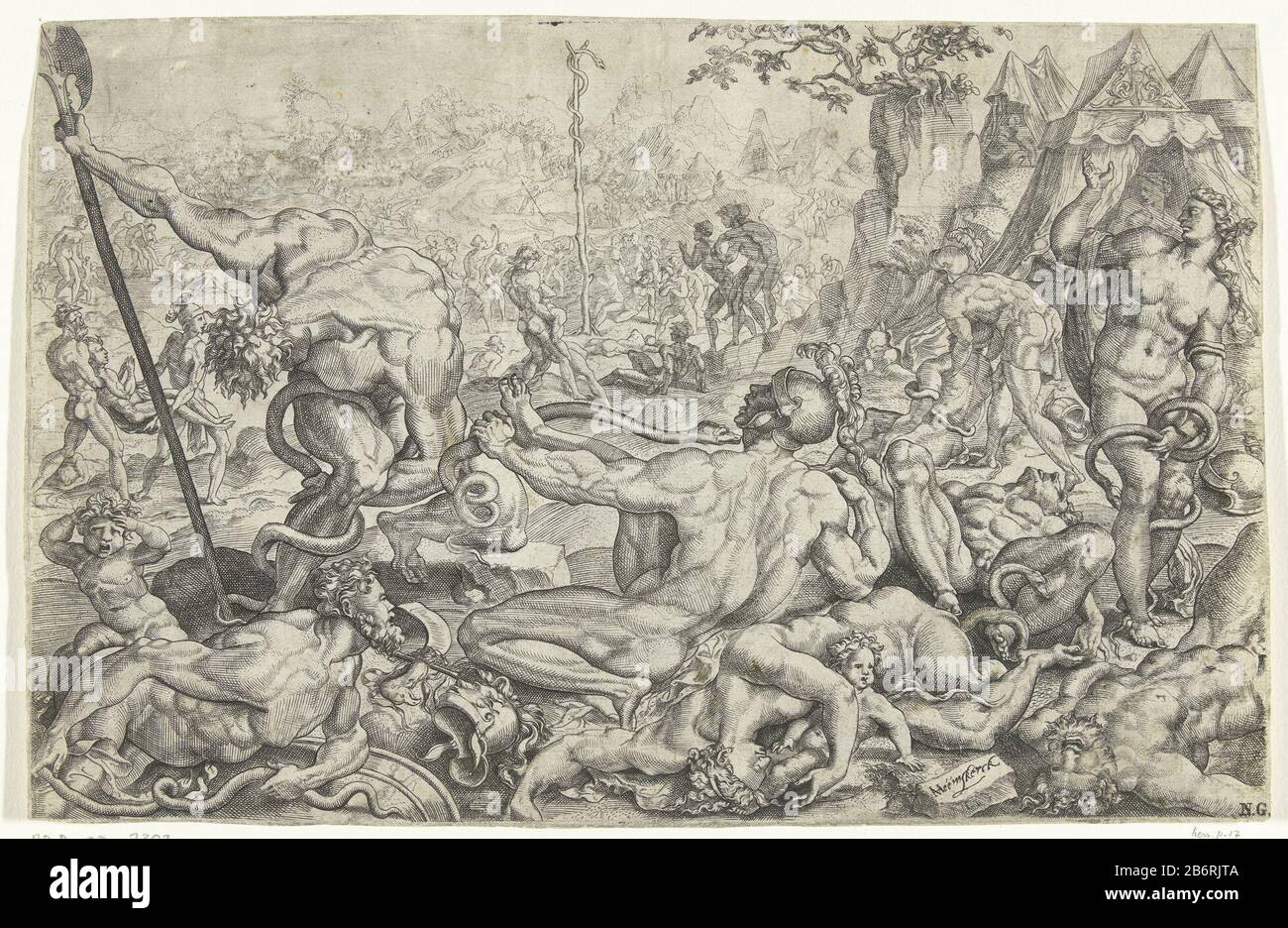 Gifflangenplaag en de koperen Slang die Israeliten sind auf dem Weg zum Roten Meer, wenn Gott ihre Ungeduld mit der venösen Schlangenplage bestraft. Viele Menschen werden gebissen und sterben. Moses macht eine Schlange aus Messing und hängt an einem Pfosten. Wer gebissen wird und die brachende Schlange aussieht, bleibt leven. Hersteller : Druckmaschine Cornelis Bos: Maarten van Heemskerck (zurückgewiesene Zuschreibung) zur Zeichnung: Maarten van Heemskerck (aufgeführte Eigenschaft) Ort Herstellung: Antwerpen Datum: 1539 Physische Merkmale: Engras- und Ätzmaterial: Papiertechnik: Engraa (Druckverfahren) / Ätzmaße: Blatt: Stockfoto