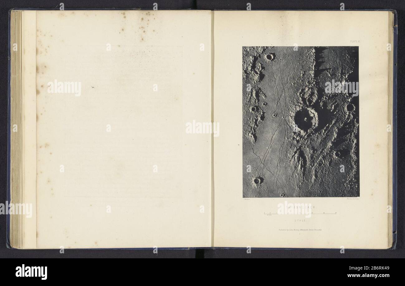 Gipsmodell van de Maankrater Triesnecker, van bovenaf gezien Triesnecker (titel op object) Gipsmodell des Mondkraters Versucht Ecker, von oben gesehen probiert ecker (title object) Eigenschaftstyp: Fotomechanische Druckseite Artikelnummer: RP-F 2001-7-489-12 Aufschriften / Marken: Nummer, Recto, gedruckte 'Xft' Platte, gedruckt an: I. 'Scale.', der Text über einer Skala in Meilen Name, recto, gedruckt: 'Herausgegeben von John Murray, Albemarle Street Piccadilly.' Hersteller: Fotograf: James Nasmyth (Listed Building) Klischeemaker: Anonymer Drucker: Day & Son, Vincent Brooks (Listed Building) Publi Stockfoto