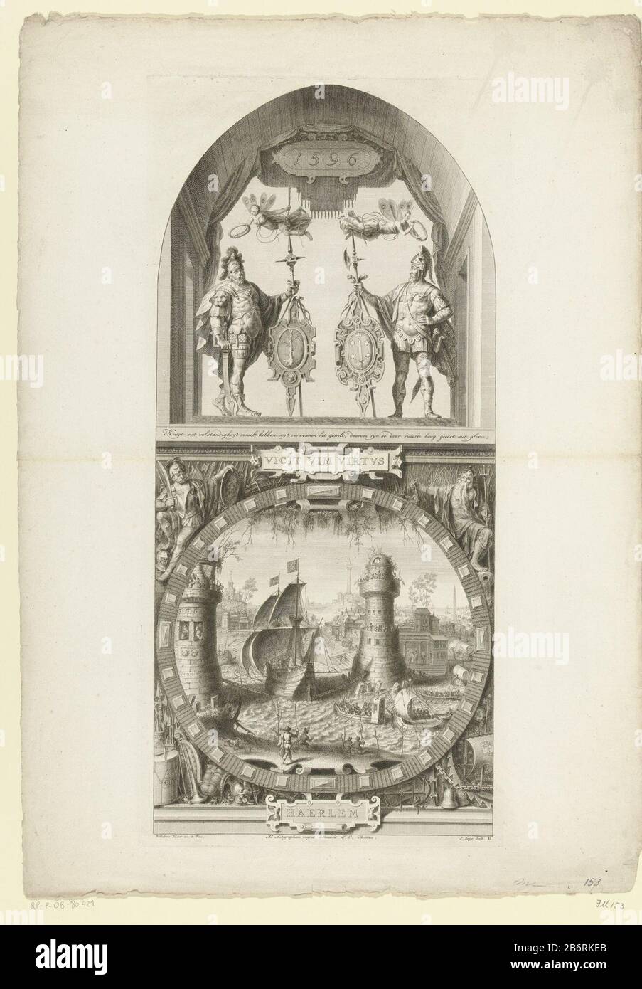 Glasraam 2 in de Sint-Janskerk te Gouda Invame van Damiate, 1219 Goudse Glazen (serietitel) das zweite Glasfenster in der St John's Church in Gouda, einschließlich der Präsentation der Einnahme der Stadt Damieta durch die Kreuzfahrer von Haarlem und das Stück, das den Kettenhafen segelt, geschlossen, 1219. Über zwei Krieger mit alter und der neuen Waffe von Haarlem und dem Jahr 1596. Die Stadt Haarlem ist der Geber des Glasfensters auf der Stadt Gouda. Hersteller: Druckerhersteller Pieter Tanjé (denkmalgeschütztes Eigentum) bestellt Julius Cäsar Boethius (denkmalgeschütztes Eigentum) zum Entwurf: Willem Thibaut (denkmalgeschütztes Gebäude) Herausgeber: Stockfoto