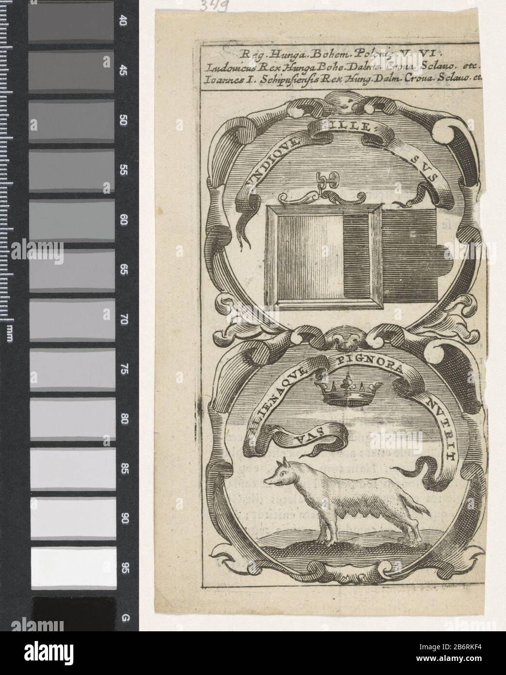 Glazen lijst Wolvin en kroon Undique Illesus Sua Alienaque Pignora Nusrit (titel op object) Symbola Divina et Humana Pontificum Imperatorum Regum (serietitel) Een embleem met twee voorstellingen. Boven een glazen (schilderij)lijst aan een haak. Onder een wolvin en een kroon. Het bettreffen deviezen van Lodewijk II van Hongarije en Johan Zápolya. Hersteller : Hersteller: Anoniemnaar prent van: Aegidius Sadeler dating: 1666 Physische Kenmerken: Tiefdruck; verso traf tekst in boekdrauk Material: Papier Techniek: Graveren (Drukproceé) / boekdrauk Abmessungen: Plaatrand: H 123 mm × b 64 mm (binnen Plaat Stockfoto