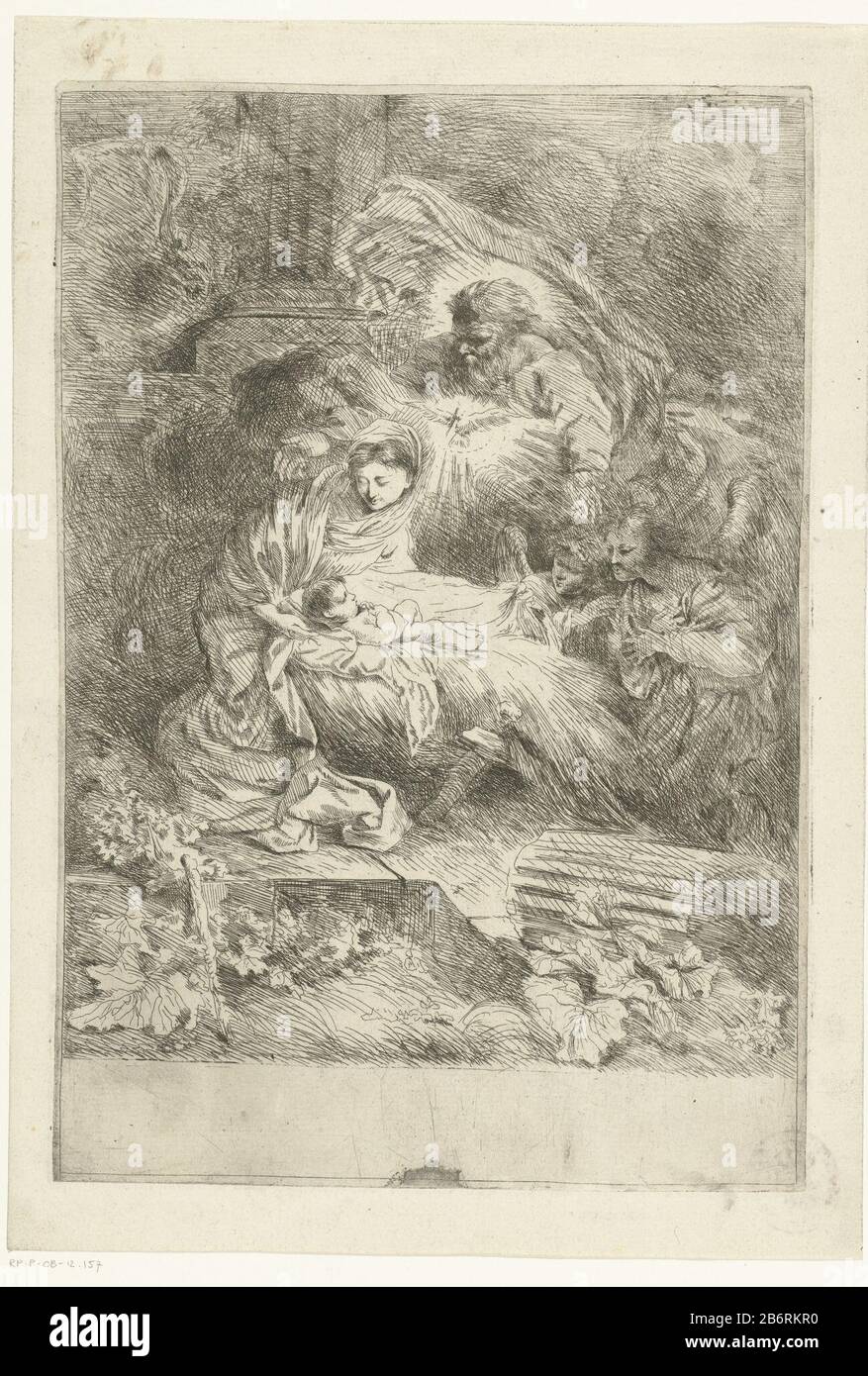 Gott de Vader bij Maria traf die gütige Maria und zwei Engel um die Krippe mit dem Christuskind. Über dem Kind des Heiligen Geistes und dem Vader. Hersteller : Druckerhersteller Giovanni Benedetto Castiglionenaar eigenes Design: Giovanni Benedetto CastiglionePlaats Herstellung: Italien Datum: 1645 - 1647 Physikalische Merkmale: Ätzmaterial: Papiertechnik: Ätzmaße: Plattenkante: H 298 mm × W 204 mm Betreff Mary, Joseph und der neugeborene Christus (Geburt), die heilige Dreifaltigkeit, 'Trinitas coelestis; Vater, Sohn und Heiliger Geist  christliche Religion Stockfoto