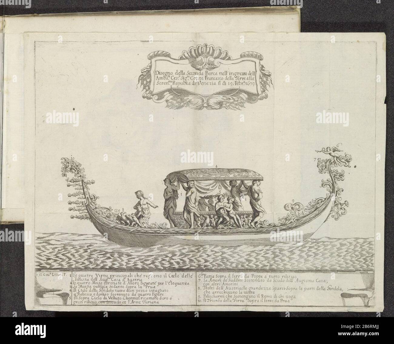 Gondel traf auf allegorische figuren Disegno della Seconda Barca nell'ingresso dell'Ambare (titel op object) Gondel, die mit allegorischen Figs verziert war. Titelkartusche in der Mitte oben. Glossarsongliste am unteren Rand. Auf dem Scheitel in brauner Tuschezeichnung eines Mannes mit Schnurrbart und Bart. Der Druck ist Teil eines Albums. Hersteller: Druckmaschine: Antonio Francesco Lucini (auf dem Objekt angegeben) Ort Herstellung: Italien Datum: 1679 Physikalische Eigenschaften: Ätzung und Enga mit Plattentonmaterial: Papiertechnik: Enga (Druckverfahren) / Ätzung / Plattentonmessungen: Plattenkante: H 302 mm × W Stockfoto