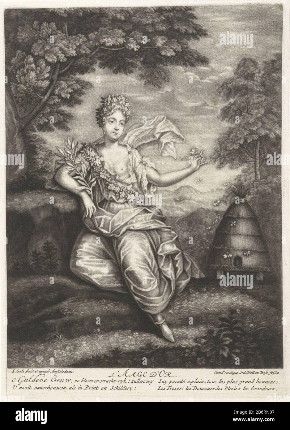 Gouden eeuw L'Aage d'Or (titel op object) De vier tijdperken (serietitel) The Golden Age: Eine Frau mit Blumendekor sitzt an einem Bienenstock. Das Bild bezieht sich auf die von der Mythen inspirierte Idee, dass der Mensch ursprünglich in einer Epoche des kontinuierlichen Frühlings lebte. Krieg oder Unrecht fehlten. Während des Goldenen Zeitalters lebten alle im Glück, in einer Welt, in der man genießen konnte, ohne die fruchtbare Natur zu bearbeiten. Der Druck ist Teil einer Serie auf den vier Tijdperken. Hersteller : Druckhersteller Jacob Gole (denkmalgeschütztes Gebäude) Herausgeber: Jacob Gole (börsennotiertes Eigentum) Anbieter von Privilegien: Staaten von Holland und West F. Stockfoto