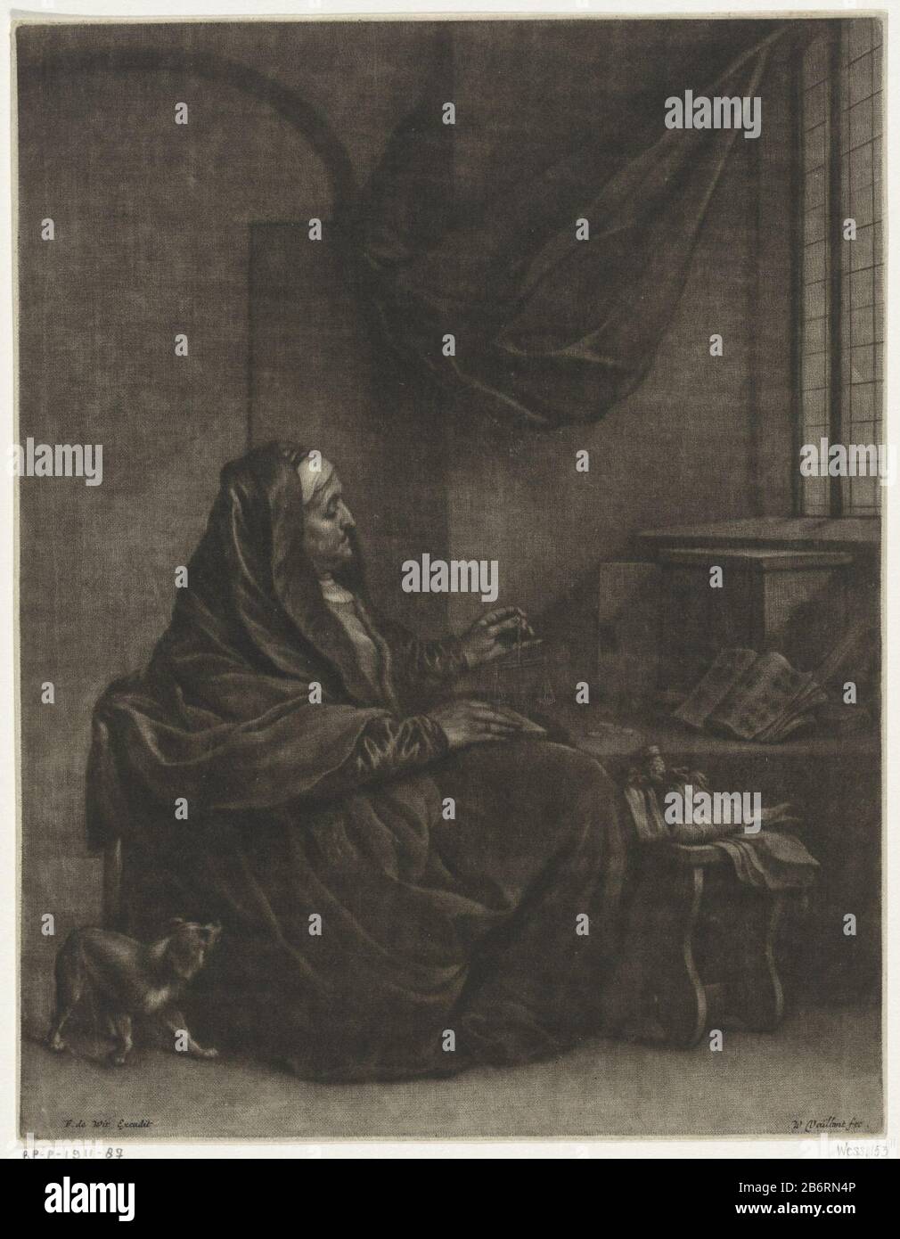 Goudweegster Eine alte Frau wiegt Goldschuppen. Sie sitzt an einem Tisch am Fenster. Neben ihr befindet sich ein Hondje. Hersteller : Druckmaschine: Wallerant Vaillant (denkmalgeschütztes Gebäude) Herausgeber: Frederik de Wit (denkmalgeschütztes Eigentum) Ort Herstellung: Amsterdam Datum: 1658 - 1706 Physikalische Merkmale: Mezzotintmaterial: Papiertechnik: Mezzotintmaß: Plattenkante: H 308 mm × b 238 mm Betreff: Gewicht Gold oder moneyold Womandog Stockfoto