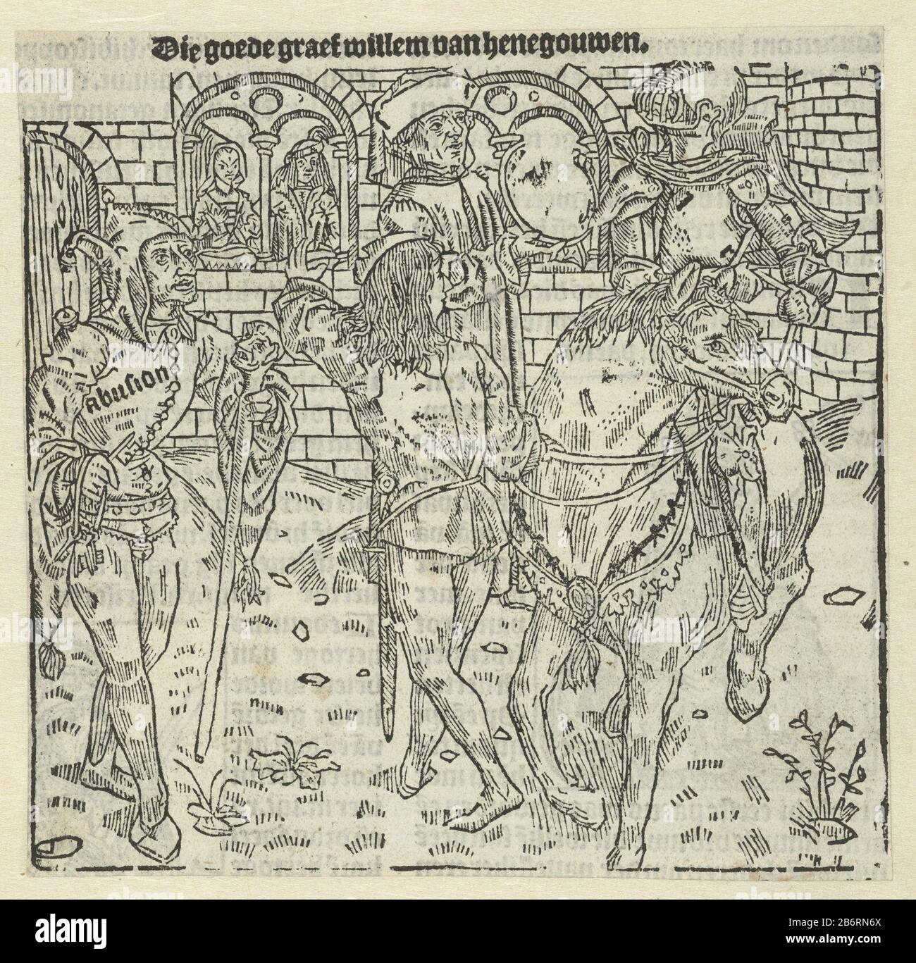 Graaf Willem III de Goede van Henegouwen die Goede graef willem van henegouwen (titel op object) Graf William The Good of Henegouwendie Good Graef willem Hennegau (title object) Objekttyp: Bildband Illustration Artikelnummer: RP-P-ob-1995 (R) Beschreibung: Szene mit Graf William in Rüstung zu Pferd, ein Narr und zwei Mannen. Hersteller : Druckhersteller: Anonymer Standort Herstellung: Niederlande Datum: 1517 und/oder 1530 Physikalische Eigenschaften: Holzblockmaterial: Papiertechnik: Holzblockmaße: Blatt: H 136 mm × W 137 mmToelichtingLate Ausdruck der Schnittprotokolle von Le Chevali Stockfoto