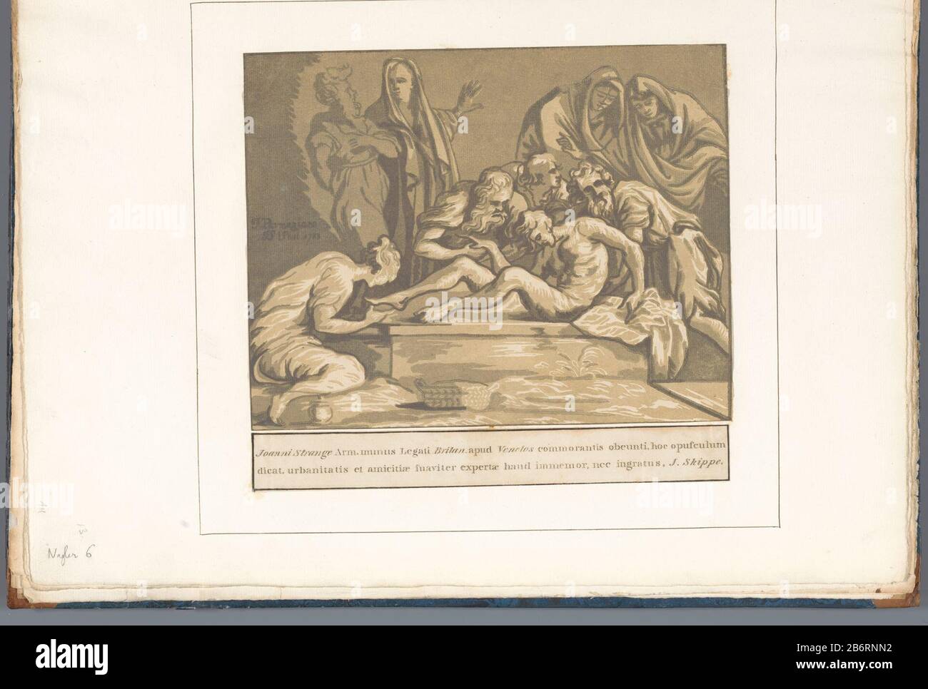 Gralegging Amicis suis necnon unicuique (serietitel op object) Grablegung Christi. Mit Label tweereglige Text in lateinischer Sprache Wo: In dem angegebenen Namen: John Strange. Teil eines Albums mit 26 eingefügten Chiaroscuro-Holzschnitten italienischer Künstler der sechzehnten EEUW. Hersteller : Druckerhersteller John B. Skippe (Listed Property) zum Entwurf: Parmigianino (Listed Property) Ort Herstellung: England Datum: 1783 Physikalische Merkmale: Chiaroscuro Holzschnitt mit Tonblöcken in drei Brauntönen: Papiertinte Technik: Chiaroscuro-Holzschnitt Abmessungen: H 206 mm × W 264 mm Betreff: Christi Entombung (Possi Stockfoto