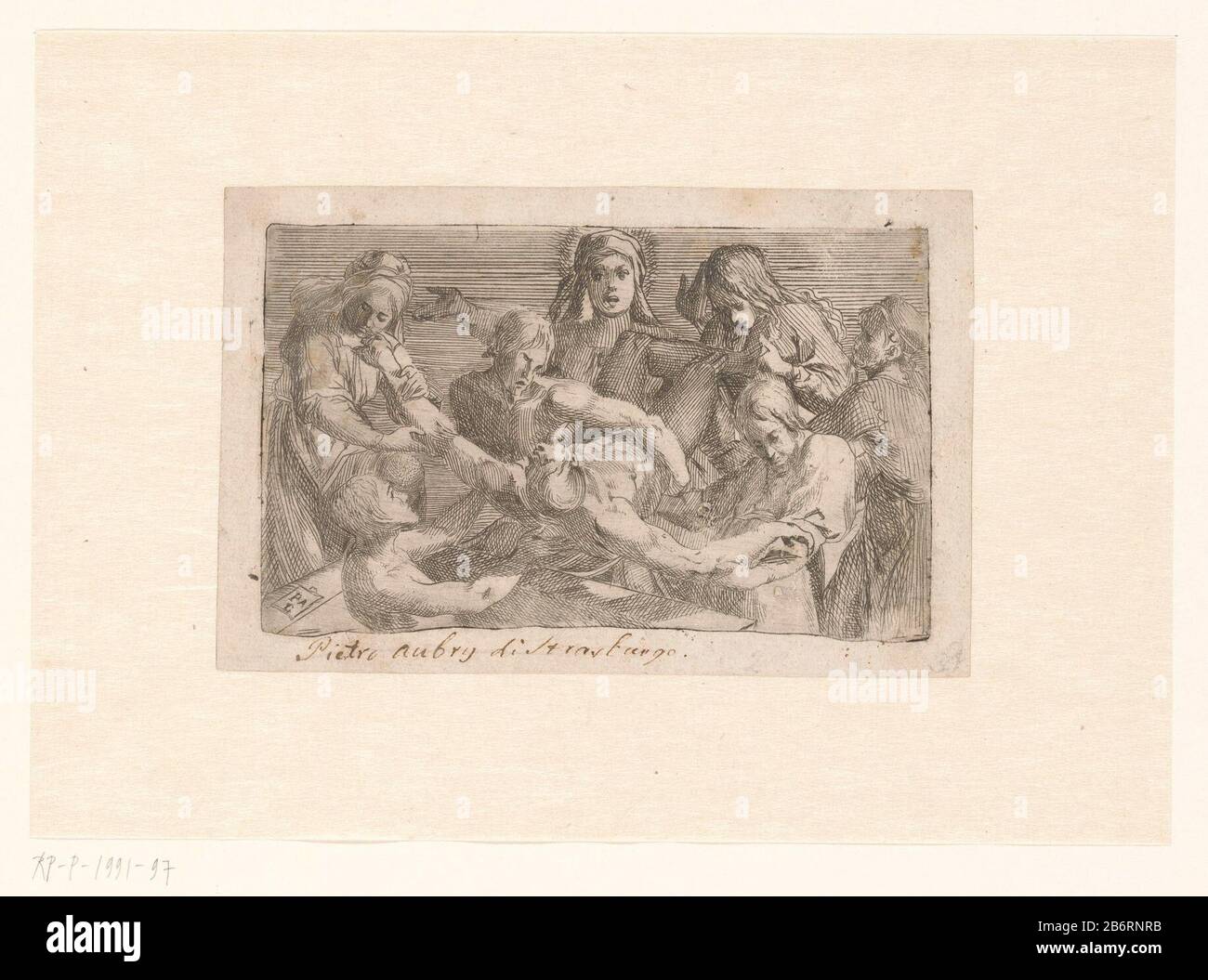 Graflegging van Christus Grablegung von Christus Immobilien Typ: Bild Artikelnummer: RP-P-1991-97 Aufschriften / Marken: Sammlermarke, Verso, gestempelt: Lugt 2228 Sammlermarke, Verso, gestempelt: Lugt 2760opschrift, recto, in Stift in Braun geschrieben: "Pietro Aubry di Strasburgo" Hersteller: Druckhersteller: Peter Aubry (Ort: Aufgeführt) 1620 - 1686 Physikalische Merkmale: Ätzmaterial: Papiertechnik: Ätzung / Plattentonabmessungen: Plattenkante: H 98 mm × W 159 mm Betreff: Christusentombung ( möglicherweise von Engeln) Stockfoto
