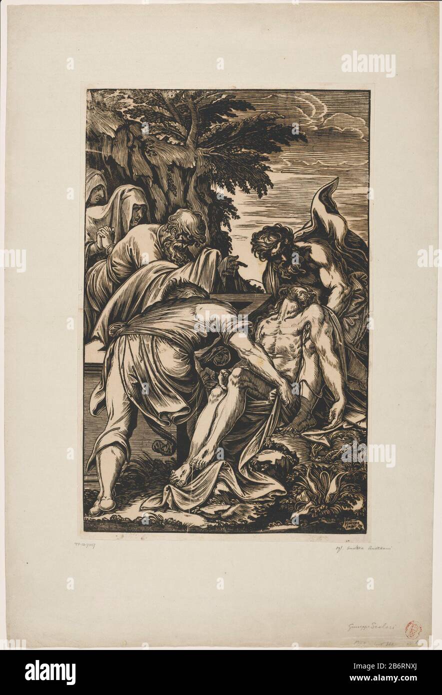 Graflegging van Christus Der Leib Christi wird von den Menschen im Grab gehoben. Links, um Marias Zehe zu beobachten. Hersteller : Druckerhersteller Giuseppe Scolari (Listed Property) Ort Herstellung: Italien Datum: 1550 - 1600 Physische Merkmale: Holzschnitt; in braunem Material eingefärbt: Papiertechnik: Farbe / Holzschnitt Abmessungen: Bild: H 678 mm × W 434 mm Betreff: Christusverschachtelung (möglicherweise von Engeln) Stockfoto