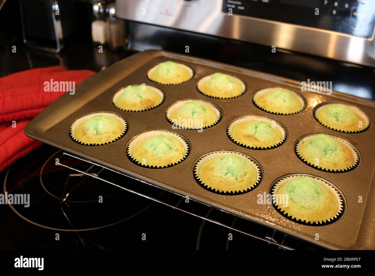Frische grüne Cupcakes kühlen in Muffinform, nachdem sie im Ofen gebacken wurden Stockfoto