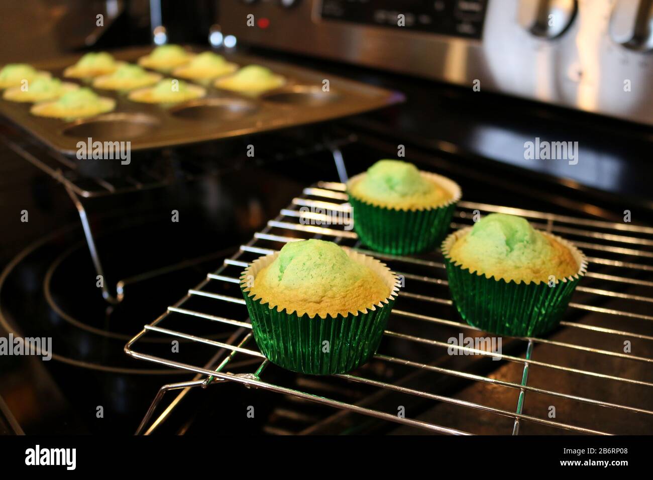 Grüne Cupcakes kühlen auf Drahtgestell, nachdem sie zu Hause im Ofen zur Geburtstagsparty gebacken wurden Stockfoto