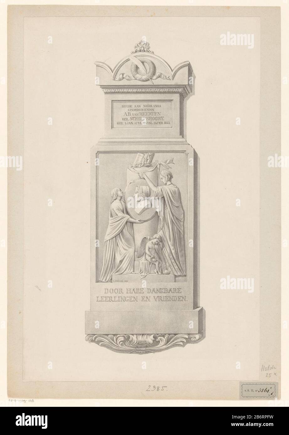 Graftombe Anna Barbera van Meerten-Schilperoort Auf dem Grab sind zwei Figuren, die ein Medaillon, ha darauf das Porträt des Verstorbenen, zu einem Säulenbinden dargestellt haben. Hersteller: Druckmaschine: Anonym zum Bild von: Ignatius Stracké (auf dem Objekt angegeben) Ort Herstellung: Niederlande Datum: 185.10 Physikalische Eigenschaften: Lithographisches Material: Papiertechnik: Lithographie (Technik) Abmessungen: Bild: H 450 mm b × 295 mmblad: H 487 mm × W 340 mm Betreff: Nischengraft, Wandtombwie: Anna Barbara Meert Stockfoto
