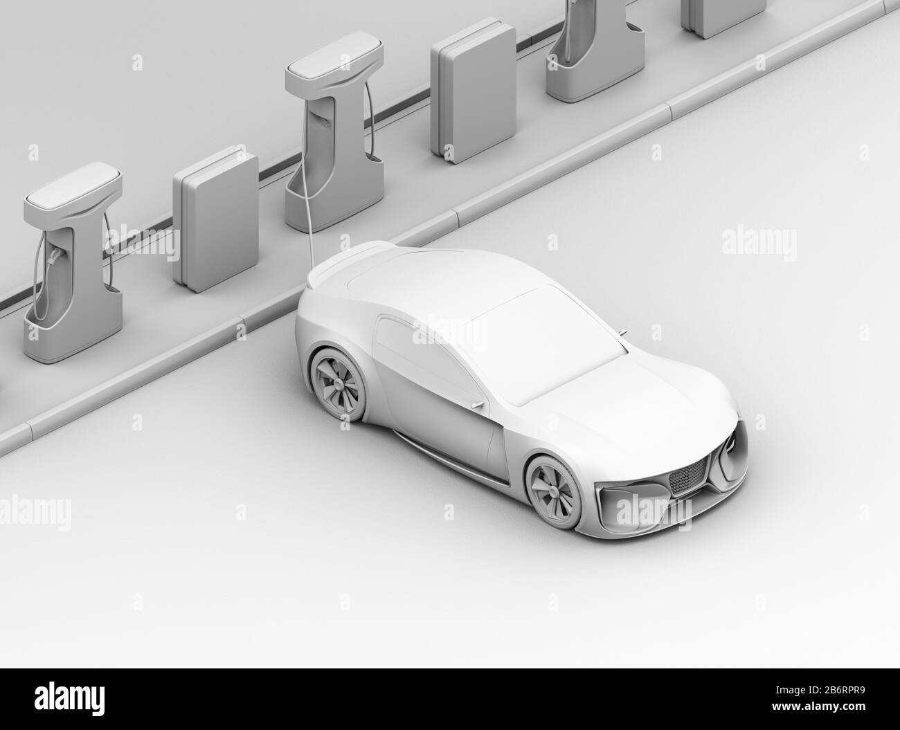 Tonwiedergabe eines elektrischen Sportwagens, der an der öffentlichen Ladestation aufgeladen wird. 3D-Rendering-Bild. Stockfoto