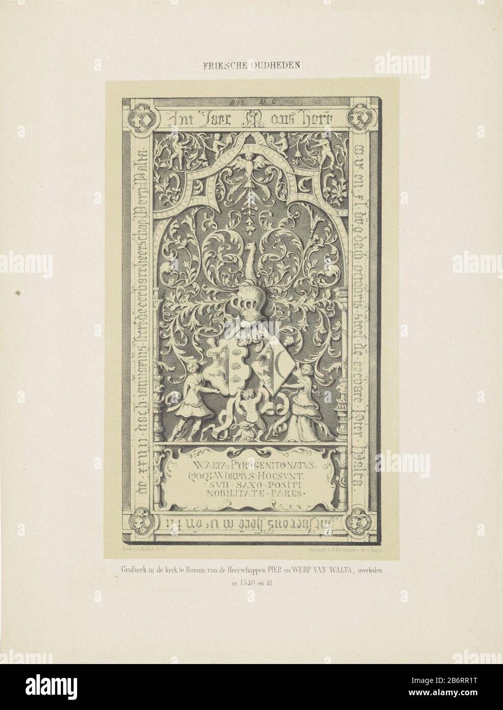 Grafzerk in de kerk te Bozum Grafzerk in de kerk te Bozum van de Heerschappen Pier en Werk van Walta (titel op object) in der Mitte des Grabes ist ein Wappen mit zwei Wappen dargestellt. Die Arme werden von zwei Figuren und einem Putto gehalten. Der Rest des Grabes ist mit Pflanzenmotiven, Putten und Grotesken verziert. Hersteller: Druckmaschine: Anonymer Entwurf von Albert Martin (denkmalgeschütztes Gebäude) Drucker P. Blommers (Steendrukkerij von) (Objektverzeichnis) Herstellung: Den Haag Datum: 1872 und/oder 1875 Physikalische Eigenschaften: Schwarze Lithographie mit einem Tonblock in graugrünem Material: Papier Techniq Stockfoto