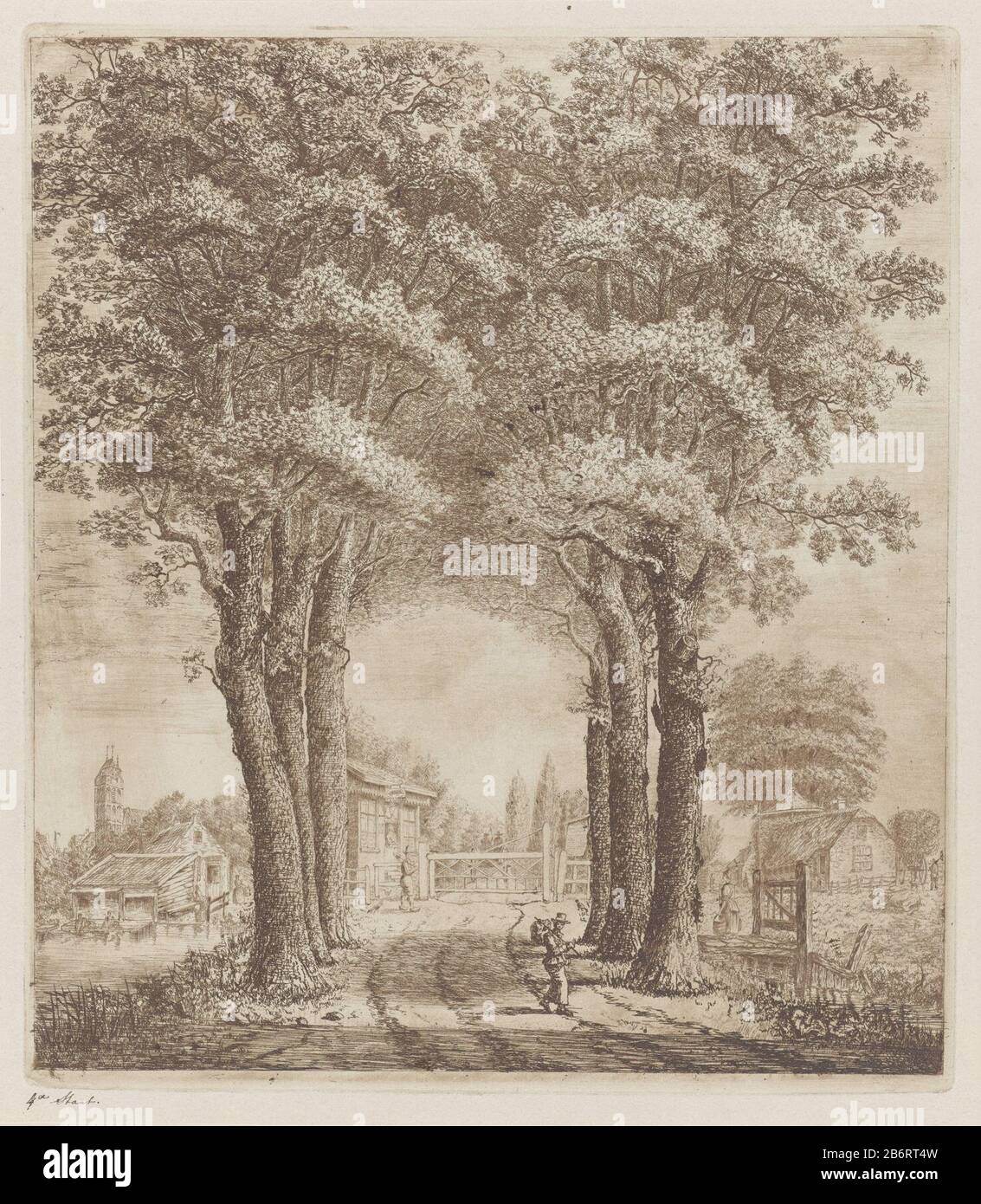 Groep bomen bij Oudewater Blick auf eine Gruppe an entfernten Bäumen in Oudewater. Hinter den Bäumen sind Turnhake und Tolgaarder zu Hause. Im Vordergrund stehen eine Reihe von Figuren rechts und ein Bauernhof. Links im Hintergrund der Turm von St Michaëlskerk. Hersteller: Druckmaschine: Eberhard Cornelis Rahms (Listed Property) Ort Herstellung: Oudewater Datum: Nov 1860 Physikalische Merkmale: Ätzteller und Trockenpunkt in braunem Material: Papiertechnik: Ätzung / Druck in Braun / Plattenton / Trockenpunktmessungen: Plattenkante: H 322 mm × W 279 mm Betreff: Gruppen oder Baumfarm oder Einzelhaus in der Landschaft' Stockfoto