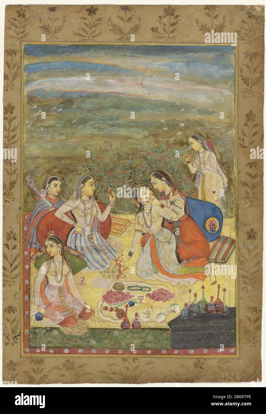 Groep van zes vrouwen in een landschap Group of Six Women in a Landscape object type: Indische Miniaturzeichnung Artikelnummer: RP-T-1993-196 Aufschriften / Marken: Aufschrift: '.' Hersteller: Künstlerin: Anonyme Ortsfertigung: Indien Datum: 1700 - 1799School / Stil: Mogul-Kaiser Physikalische Merkmale: Pinsel in Farbe und Goldmaterial: Papiertechnik: Bürstenabmessungen: Bild: H 270 mm × W 185 mmblad: H 330 mm × W 227 mm Stockfoto