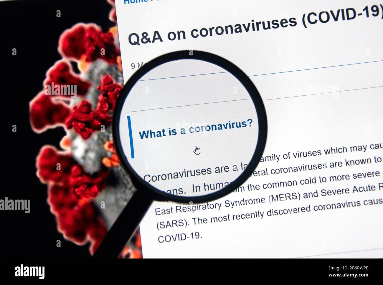 Montreal, Kanada - 11. März 2020: Was ist die Erklärung von Coronavirus auf DER WEBSITE DER WHO? Die Coronavirus-Krankheit 2019 COVID-19 ist eine durch s verursachte Infektionskrankheit Stockfoto