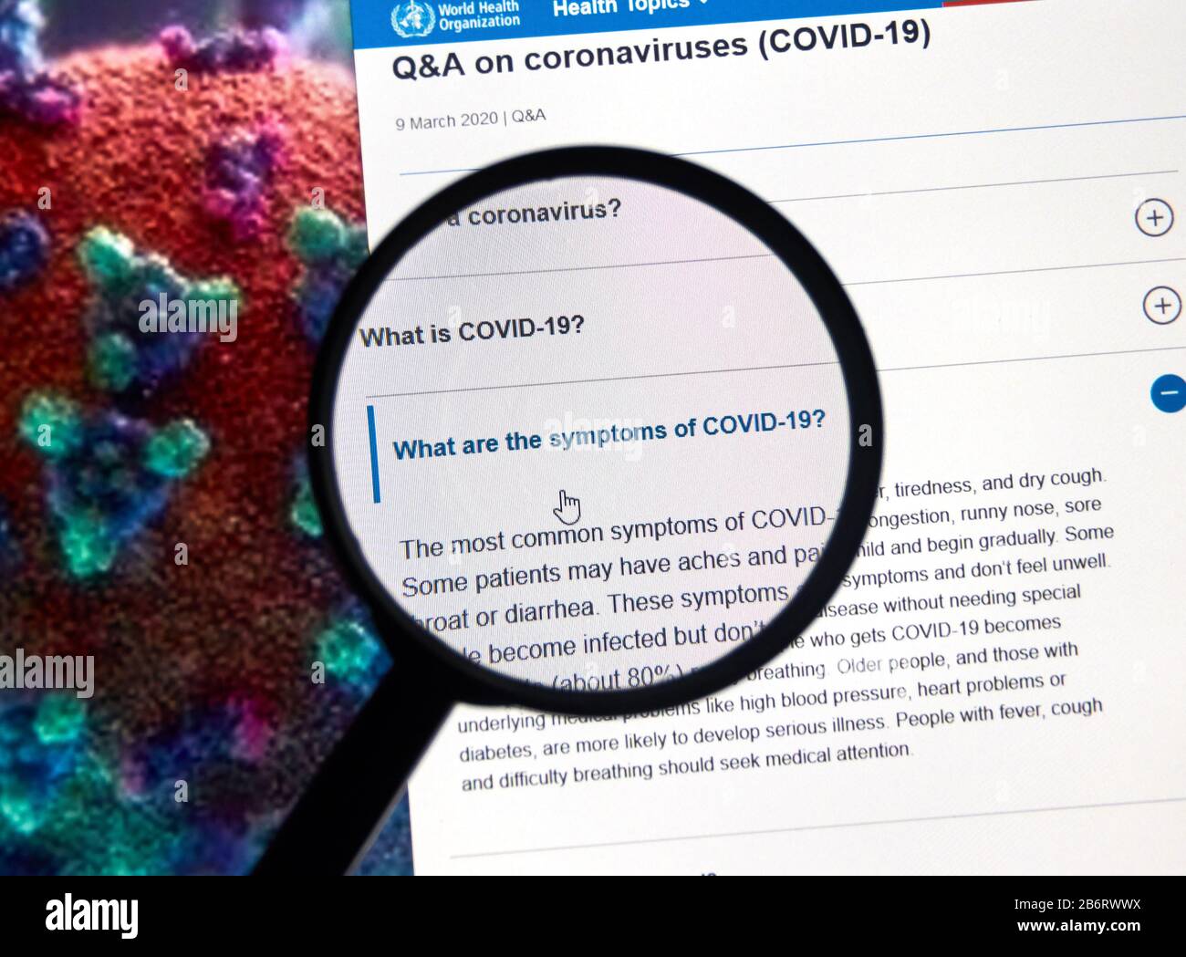 Montreal, Kanada - 11. März 2020: Was sind die Symptome der COVID-19-Frage. Die Coronavirus-Krankheit 2019 COVID-19 ist eine durch SE verursachte Infektionskrankheit Stockfoto