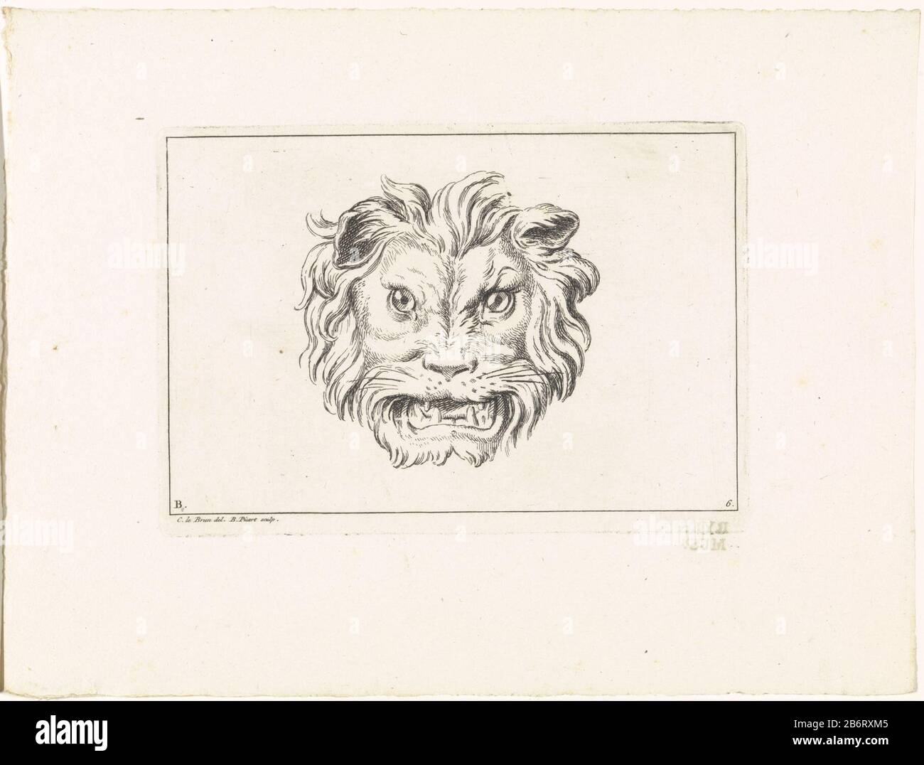 Blatt mit knurrenden Löwen. Unten links markiert: B. Rechts Nummeriert: 6. Hersteller : Druckmaschine: Bernard Picart (denkmalgeschütztes Eigentum) zur Zeichnung von Charles Le Brun (denkmalgeschütztes Gebäude) Herausgeber: Bernard PicartPlaats Herstellung: Amsterdam Datum: 1729 Physikalische Merkmale: Ätzmaterial: Papiertechnik: Ätzmaße: Plattenkante: H 120 mm × W 174 mmToelichtingPrent auch als Illustration verwendet in: Berichtet die Löwen, dessinez d'apres nature par diverse Maitres. Amsterdam: Bernard Picart, 1729. Betrifft: Raubtiere, Raubtiere: Löwe (+ Kopf eines Tieres) Stockfoto