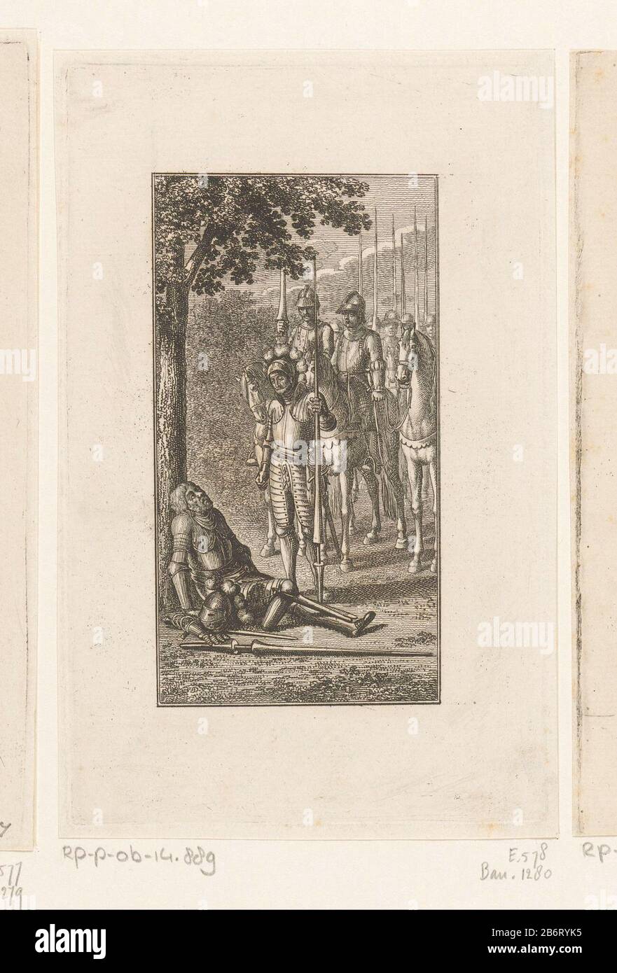 Götz, Georg und Lerse finden Selbitz, der sich gegen einen Baum verletzt hat, ist Objektart: Bild Artikelnummer: RP-P-ob-14.889Katalogusreferent Bauer 1280Engelmann 578-1 (3) Markierungen / Marken: Sammlermarke, Verso, gestempelt : Lugt 2228 Hersteller : Druckerhersteller Daniel Nikolaus Chodowie: Ckinaar eigenes Design: Daniel Nikolaus Chodlaeckat Material: 1787 Herstellung: Ijogaar: Berlin: Datum: Iaarat Papiertechnik: Ätzmaße: Plattenkante: H 164 mm × W 103 mmToelichtingVervaardigd für Goethees Erzählung "Götz von Berlichingen". Veröffentlicht in: Goethe-Schrift. 4 Teile. Leipzig: Georg Joachim Göschen, 1787, Bd. 2. Stockfoto
