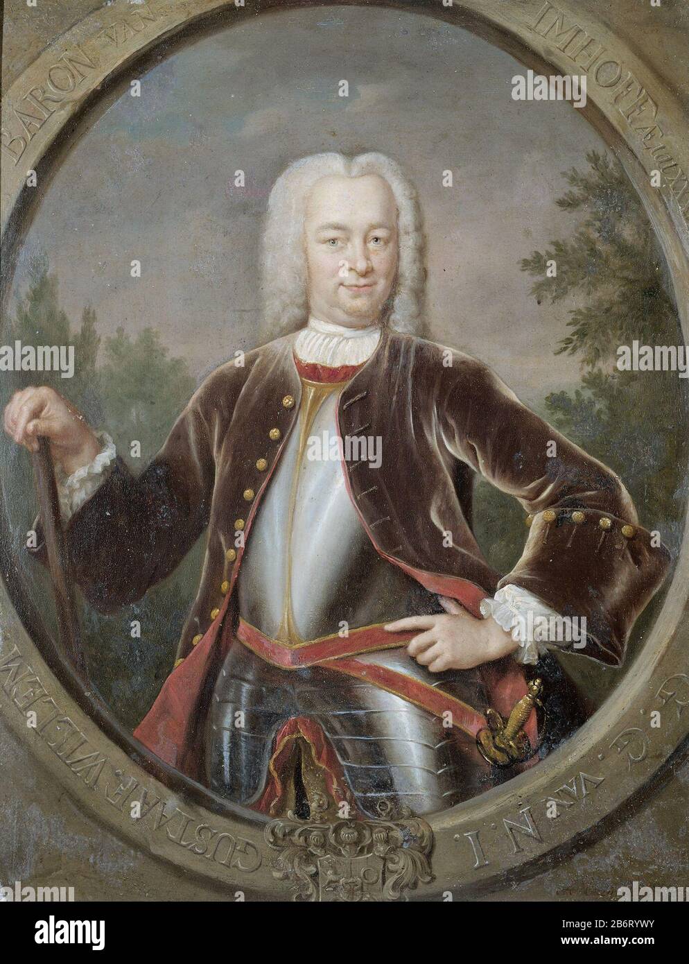 Gustaaf Willem Baron van Imhoff (1705-50) Gouverneur-generaal (1743-50), SK-A-4549 Porträt von Gustaaf Willem Baron van Imhoff (1705-50). Gouverneur General (1743-50). Auf halber Länge, in Rüstung in Oval, Aanziend. Die rechte Hand lehnt sich an den Stab, die linke Seite. In den Hintergrundbäumen. Teil einer Reihe von Kopien von Porträts der Gouverneure General der ehemaligen Niederländisch-Ostindien Wo: Offenbar von der niederländischen Ostagnie. Hersteller : Maler Jan Maurits Quinkhard dating: 1742 Physikalische Eigenschaften: Öl auf Kupfermaterial: Kupferöl Abmessungen: Träger: H 34 cm. B × 27 cm. E Stockfoto