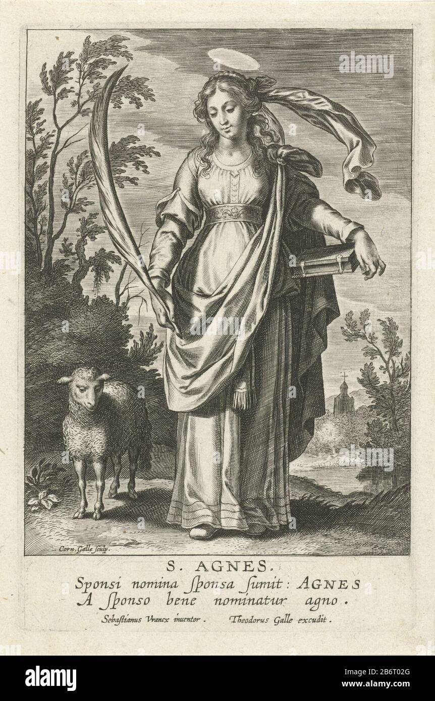 H Agnes Speculum Illustrium Virginum (Serietitel) heilig Agnes neben ihrem Lamm in einer Landschaft stehend. Agnes hält einen Palmzweig und ein Buch in den Händen. Unter den zeigt ein lateinischer Vers über Agnes. Wo: Offenbar Teil einer Reihe weiblicher Heiliger, die von Theotor Galle herausgegeben wurden. Hersteller : Druckhersteller Cornelis Galle (I) (denkmalgeschütztes Gebäude) Entwurf von: Sebastian Vrancx (denkmalgeschütztes Gebäude) Herausgeber: Theotor Galle (denkmalgeschütztes Eigentum) Herstellung: Druckmaschine: Südniederländische Herausgeber: Antwerpen Datum: 1596 - 1633 Physische Merkmale: Fahrzeugmaterial: Papiertechnik: Enra (Druckverfahren) Abmessungen: Stockfoto