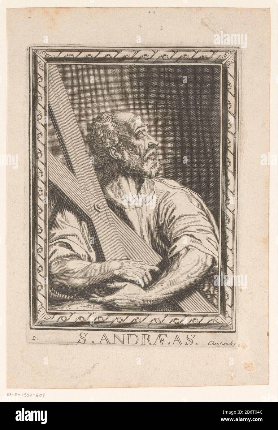 H Andreas S Andraeas (titel op object) Twaalf apoelen, de vier kerkvaders en Maria (serietitel) Unten links nummeriert 2. Hersteller : Druckmaschine: Pierre Landry (möglich) Herausgeber: Pierre Landry (in der Liste aufgeführt) Ort Herstellung: Druckmaschine: Frankreich Herausgeber: Paris Datum: 1640 - 1701 Material: Papiertechnik: Engra (Druckverfahren) Abmessungen: Plattenkante: H 164 mm × W 115 mm Betreff: Der Apostel Andreas; mögliche Attribute: Buch, X-förmiges Kreuz, Fisch, Fischnetz, Seil, Schriftrolle - Porträt des männlichen Heiligen Stockfoto