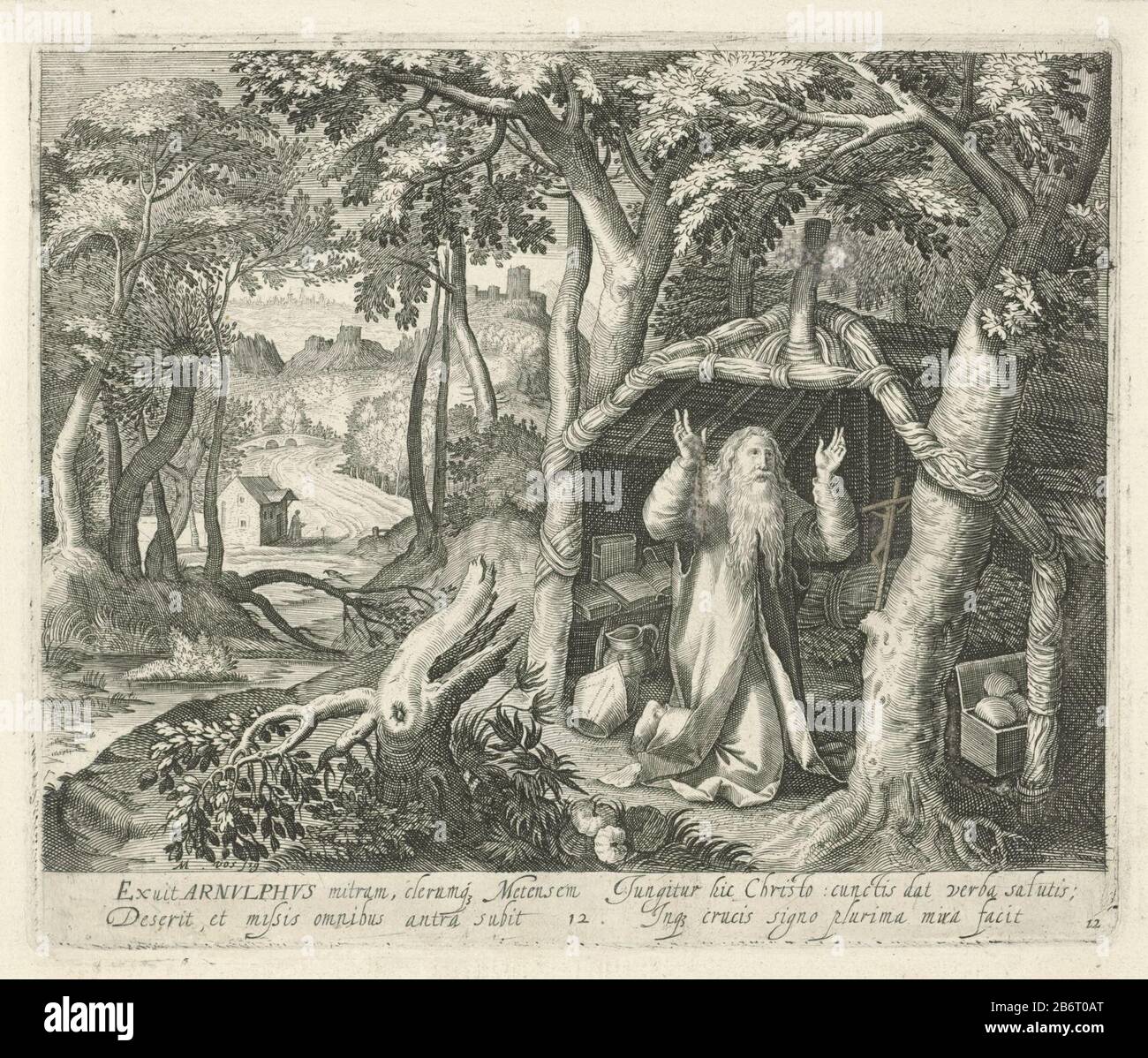 H Arnulphus van Metz als kluizenaar Heiligen en kluizenaars (serietitel) heilig Arnulphus Metzer als Einsiedler im Wald. Er hat seine Einsiedlerei an einem Kruzifix kniet. Zu seinen Füßen liegt eine Mithrägerin, ein Hinweis auf seine Rolle als Bischof von Metz. Am Rand einer Bildunterschrift in Latijn. Hersteller: Druckmaschine: John von Londerseelnaar Design: Marten de vos (auf dem Objekt angegeben) Datum: 1580 - 1625 Physische Eigenschaften: Engra und Stift in braunem Material: Papiertechnik: Enna (Druckverfahren) / Stiftabmessungen: Plattenkante : H 171 mm × W 204 mmToelichtingKatholieke Symbole wurden eliminiert und/oder abgedeckt Stockfoto