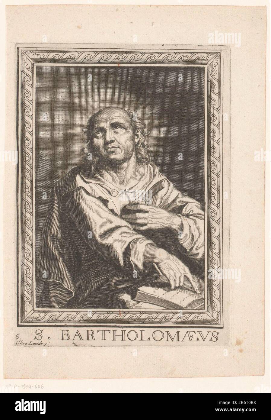 Unten links nummeriert 6. Hersteller : Druckmaschine: Pierre Landry (möglich) Herausgeber: Pierre Landry (in der Liste aufgeführt) Ort Herstellung: Druckmaschine: Frankreich Herausgeber: Paris Datum: 1640 - 1701 Material: Papiertechnik: Engra (Druckverfahren) Abmessungen: Plattenkante: H 166 mm × W 119 mm Betreff: Der Apostel Bartholomäus; mögliche Attribute: Buch, Teufel oder Drache zu Füßen, Messer, Schriftrolle, ausgefranste Haut, Stab - Porträt des männlichen Heiligen Stockfoto