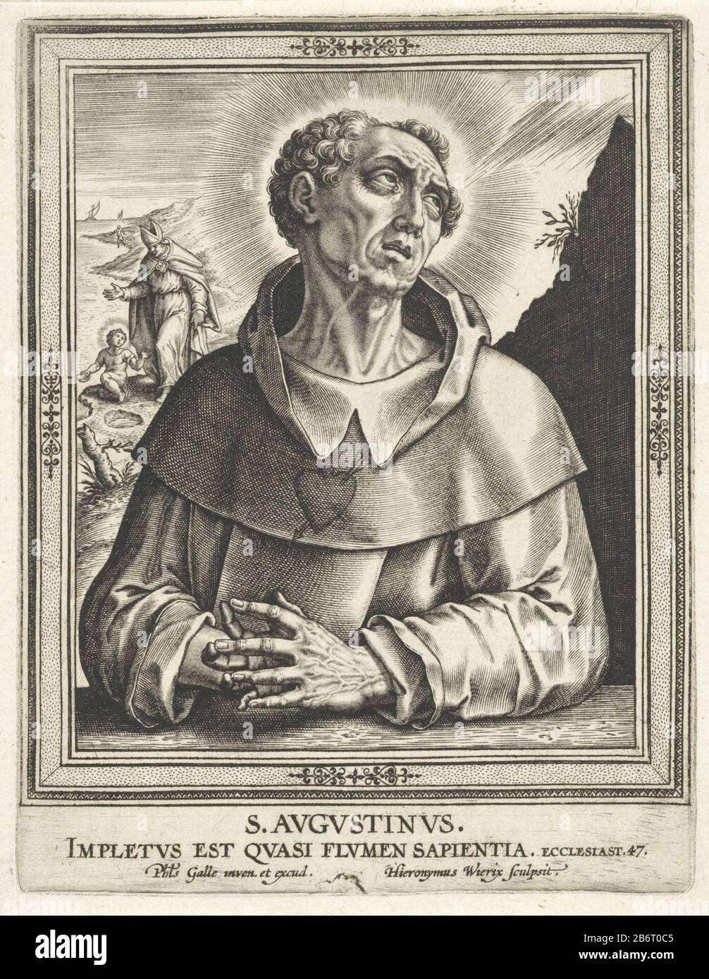H Augustinus van Hippo S Avgvstinvs (titel op object) Mannelijke stechters van een religieuze orde (serietitel) Heiliger Augustinus von Hippo, einer der Väter, mit im Gebet gefalteten Händen. Im Hintergrund die Vision des Augustinus: Er geht auf dem Meer entlang, wo er über die Dreifaltigkeit sinniert. Dann grub er ein Kind ein Loch in den Sand und versuchte vergeblich, sich mit Wasser zu füllen. Am Rande ein Bibelzitat von Sir. 47 in Latijn. Hersteller: Druckerhersteller: Jerome Who: Rix (Listed Property) entworfen von Philips Galle (Listed Building) Herausgeber: Philip Galle (Listed Property) Herstellung: Antwe Stockfoto H Augustinus van Hippo S Avgvstinvs (titel op object) Mannelijke stechters van een religieuze orde (serietitel) Heiliger Augustinus von Hippo, einer der Väter, mit im Gebet gefalteten Händen. Im Hintergrund die Vision des Augustinus: Er geht auf dem Meer entlang, wo er über die Dreifaltigkeit sinniert. Dann grub er ein Kind ein Loch in den Sand und versuchte vergeblich, sich mit Wasser zu füllen. Am Rande ein Bibelzitat von Sir. 47 in Latijn. Hersteller: Druckerhersteller: Jerome Who: Rix (Listed Property) entworfen von Philips Galle (Listed Building) Herausgeber: Philip Galle (Listed Property) Herstellung: Antwe Stockfoto